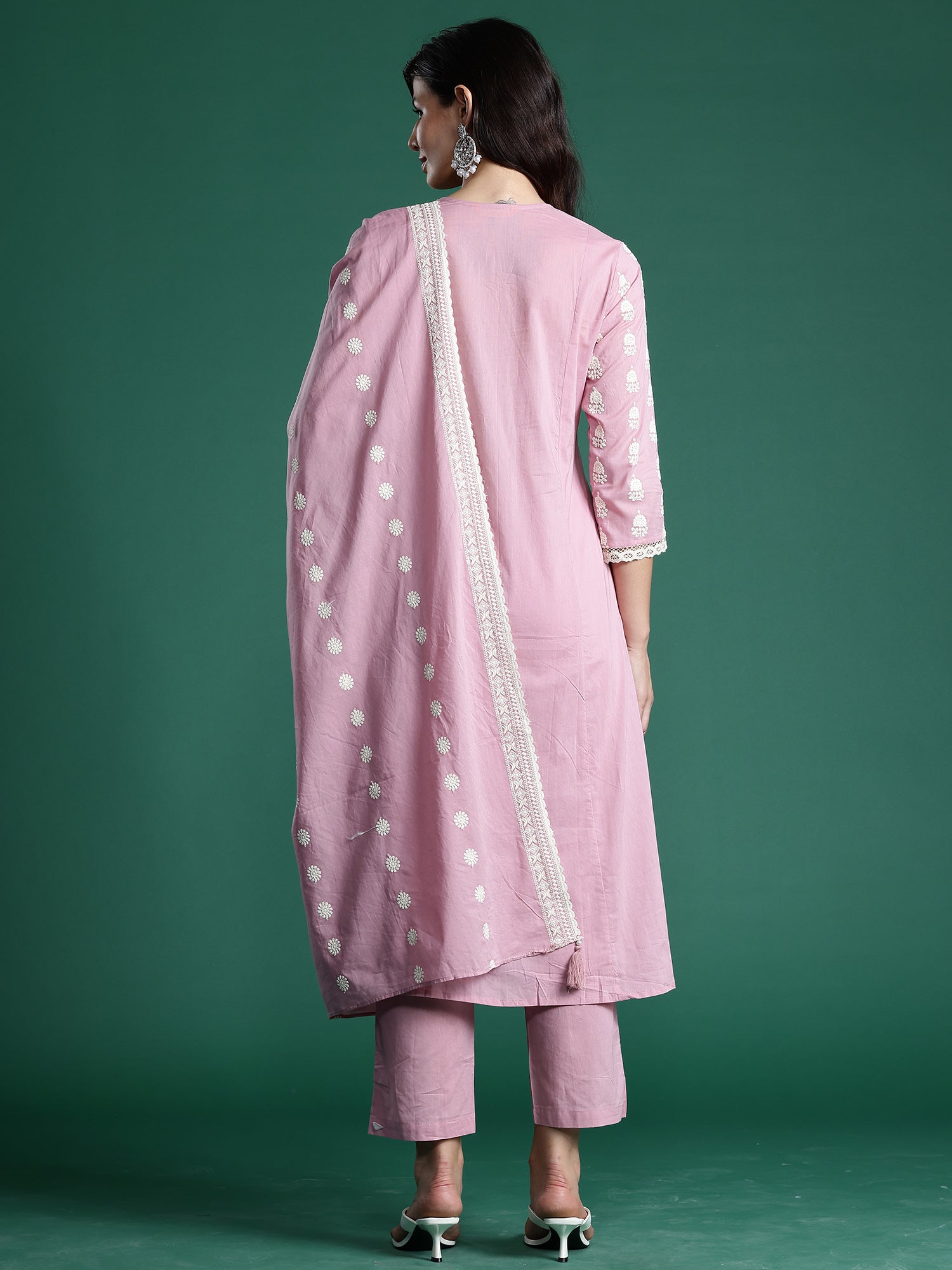 Pink Embroidered A-Line Kurta Trousers With Dupatta Set