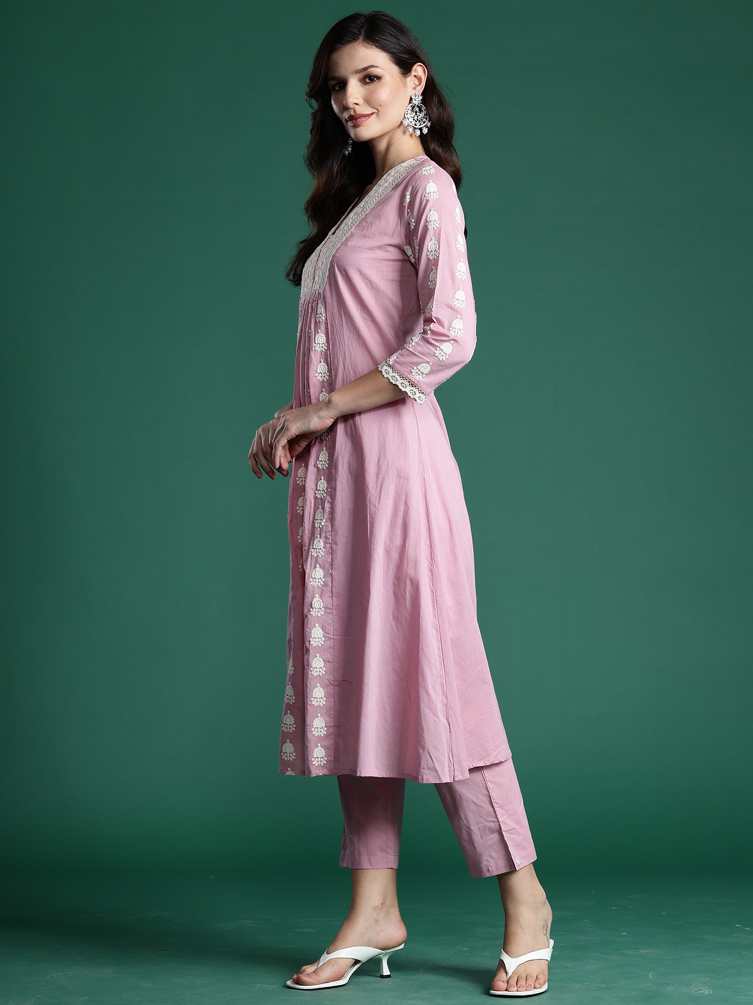 Pink Embroidered A-Line Kurta Trousers With Dupatta Set