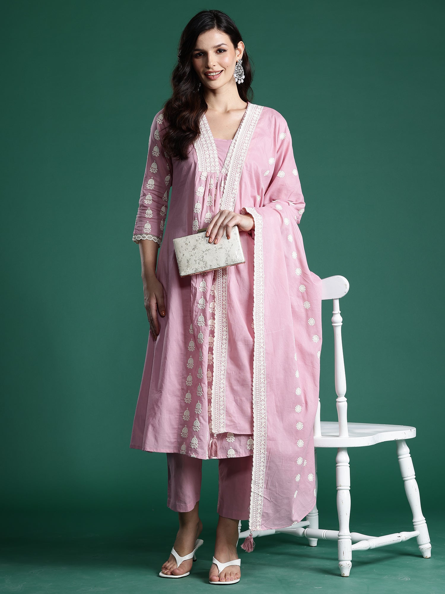 Pink Embroidered A-Line Kurta Trousers With Dupatta Set