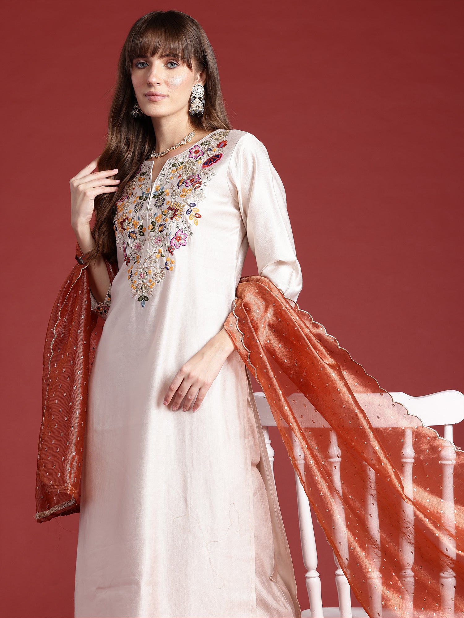 Off White Embroidered Straight Kurta Trousers With Dupatta  Set