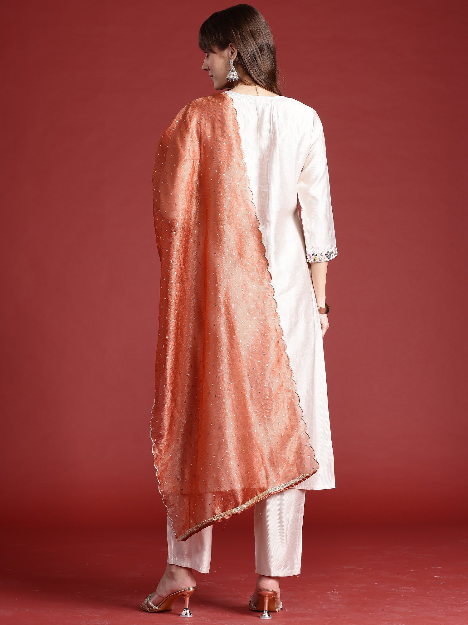 Off White Embroidered Straight Kurta Trousers With Dupatta  Set