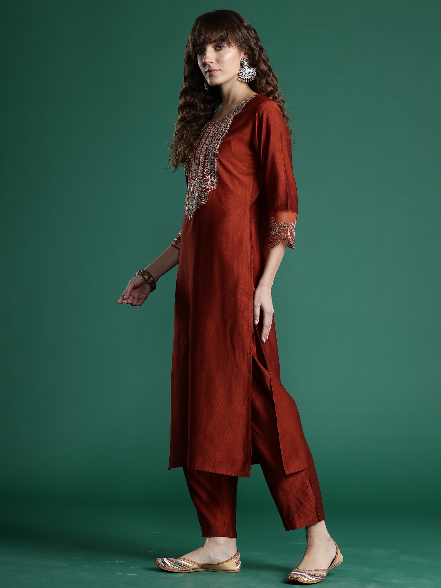 Rust Embroidered Straight Kurta Trousers With Dupatta set