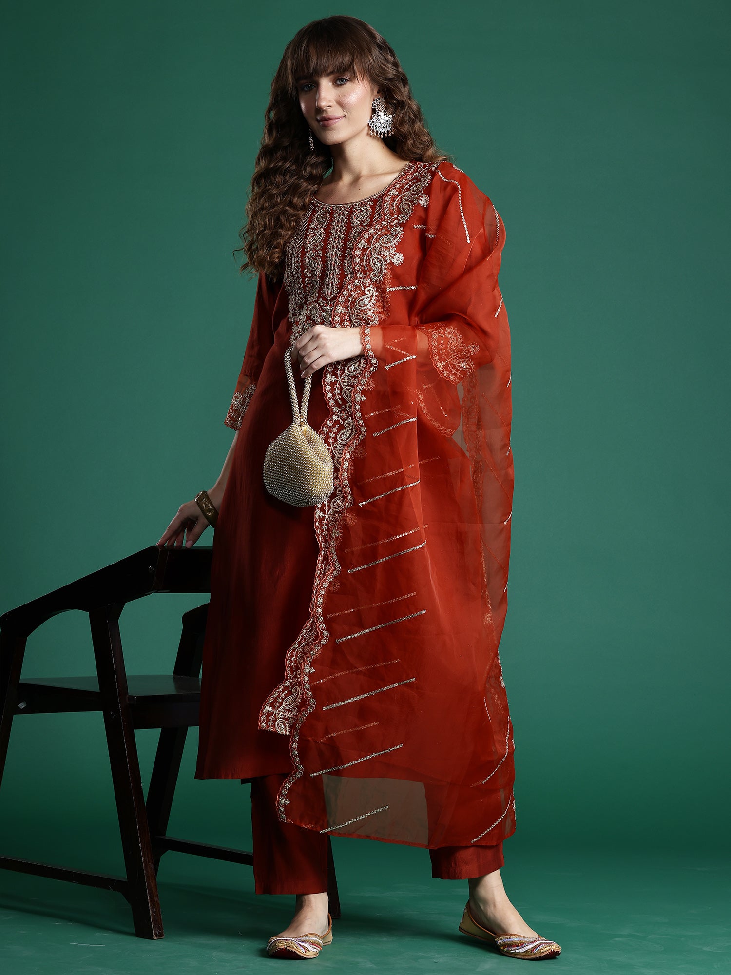 Rust Embroidered Straight Kurta Trousers With Dupatta set
