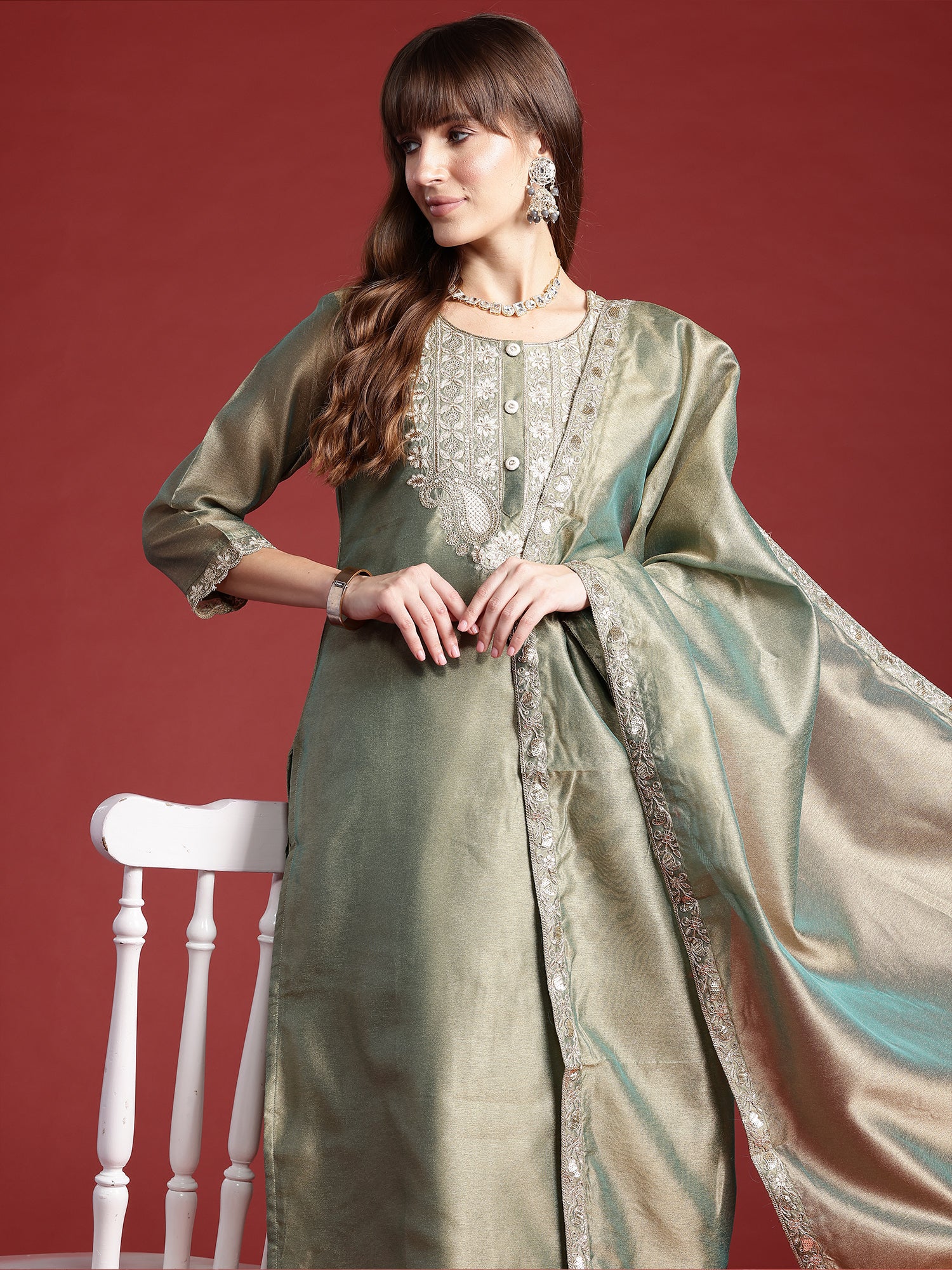 Green Embroidered Straight Kurta Trousers With Dupatta Set