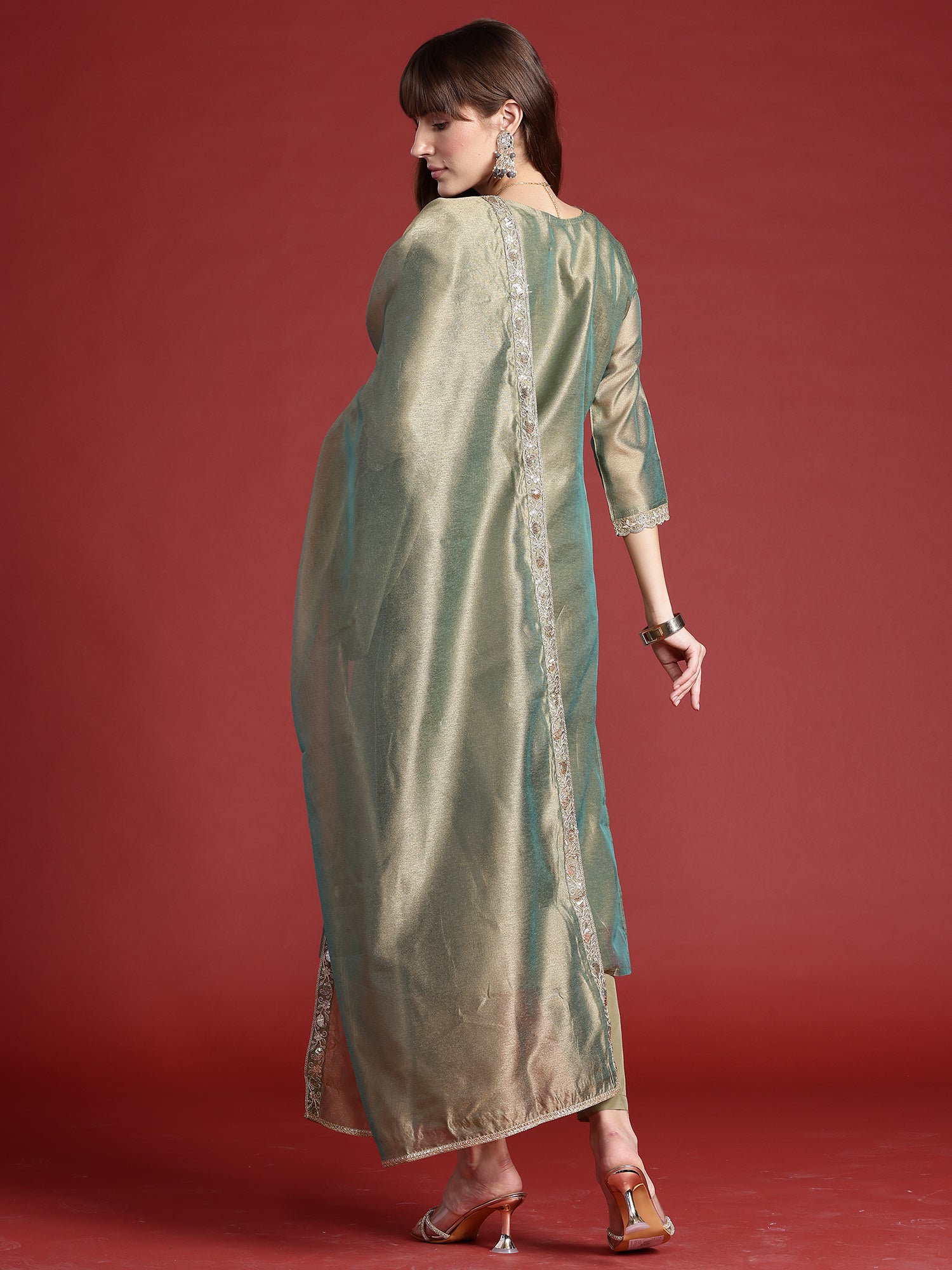 Green Embroidered Straight Kurta Trousers With Dupatta Set