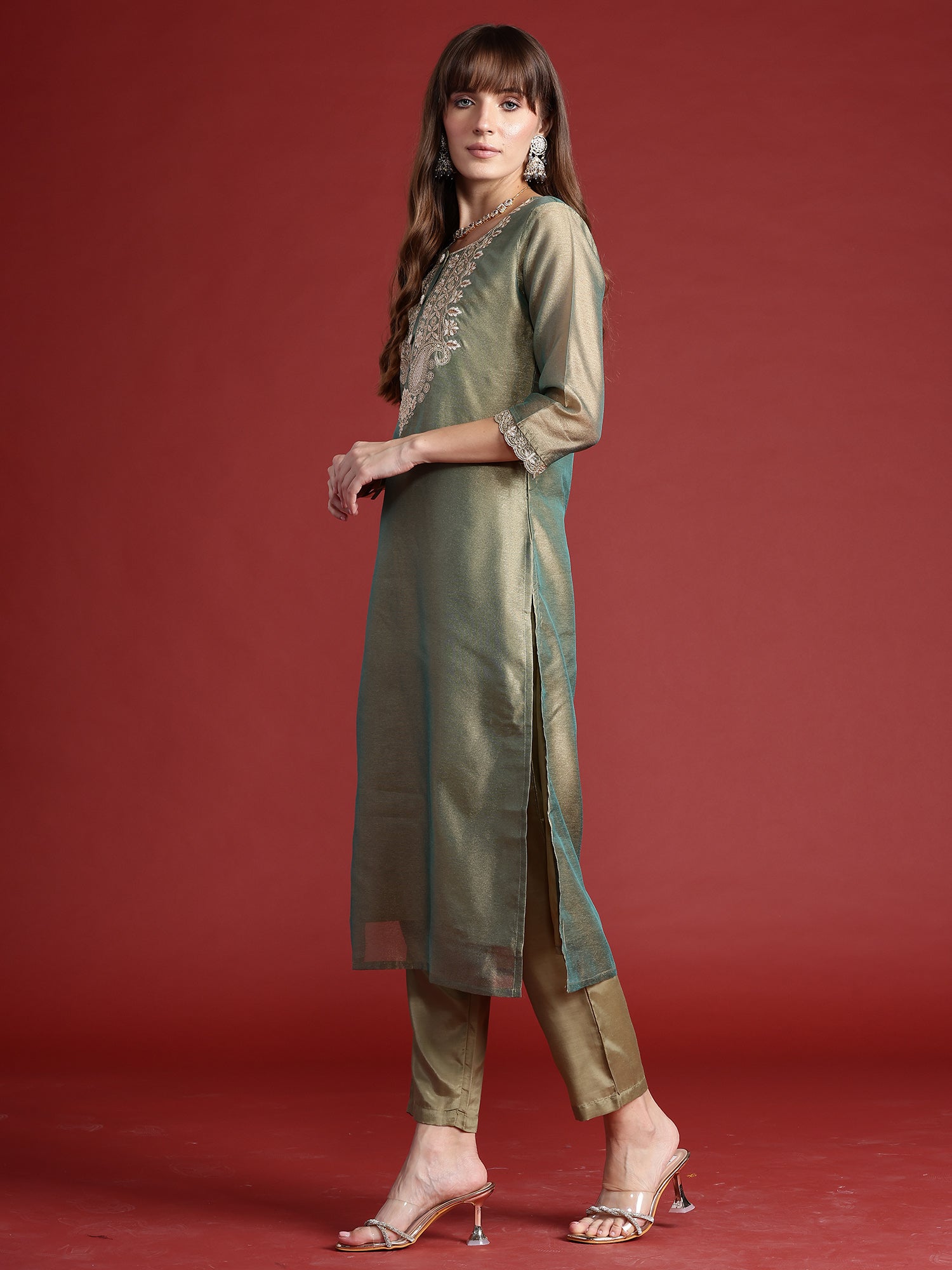 Green Embroidered Straight Kurta Trousers With Dupatta Set