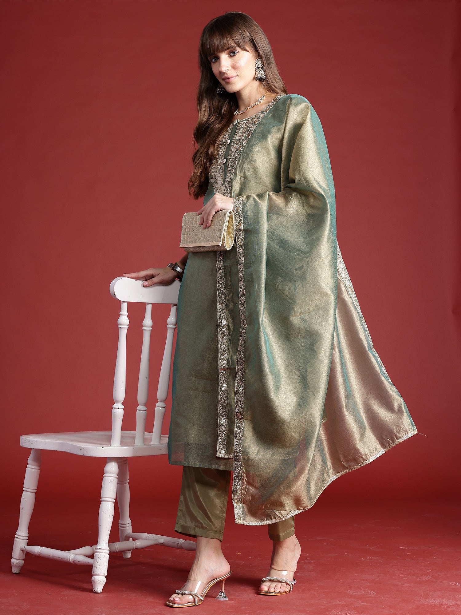 Green Embroidered Straight Kurta Trousers With Dupatta Set