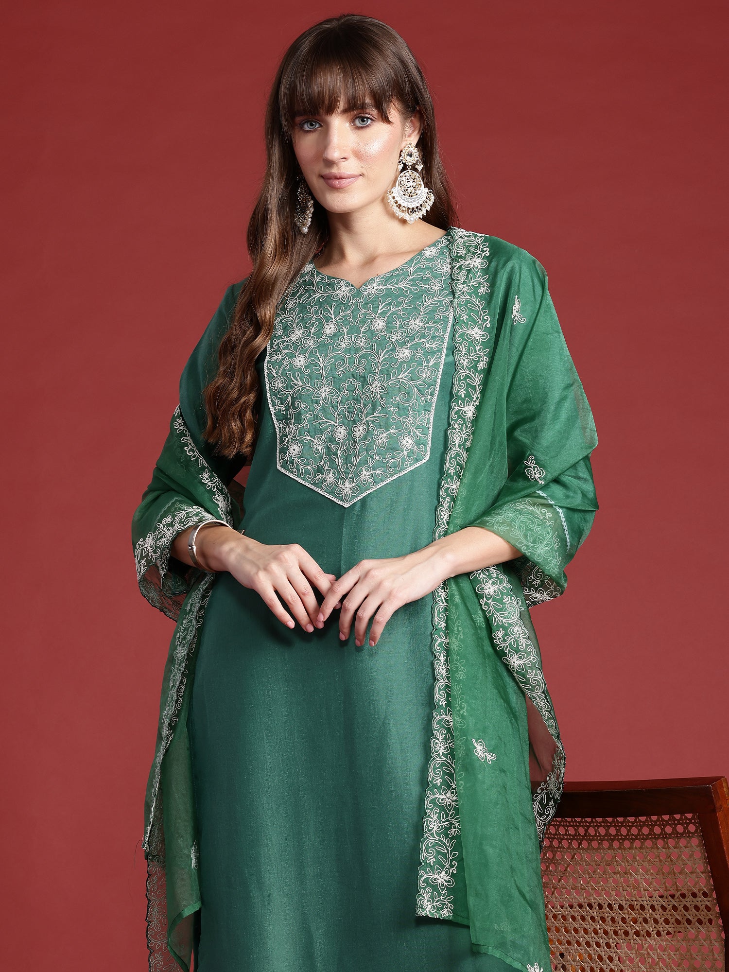 Green Embroidered Straight Kurta Trousers With Dupatta Set