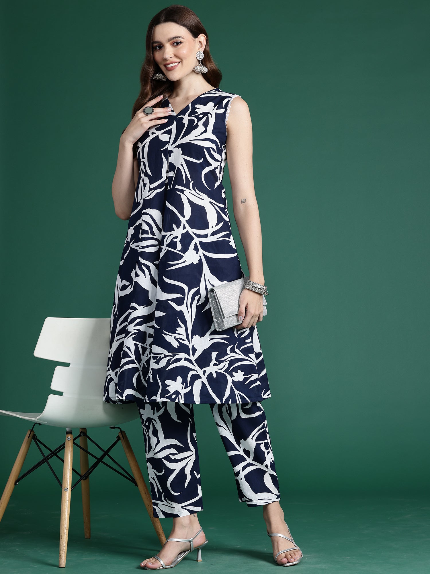 Blue Printed A-Line Kurta Trousers set