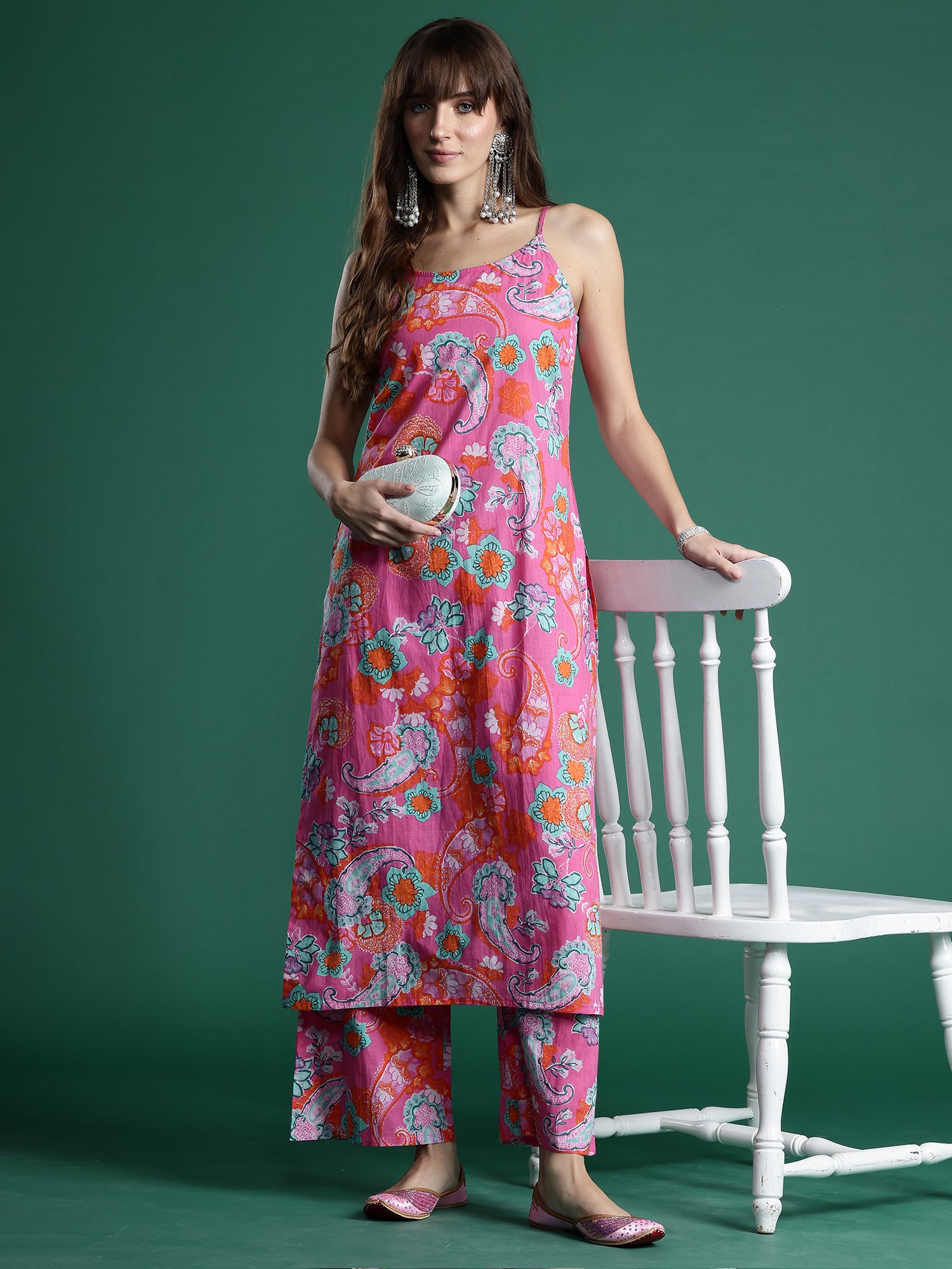 Pink Printed Straight Kurta Palazzos set