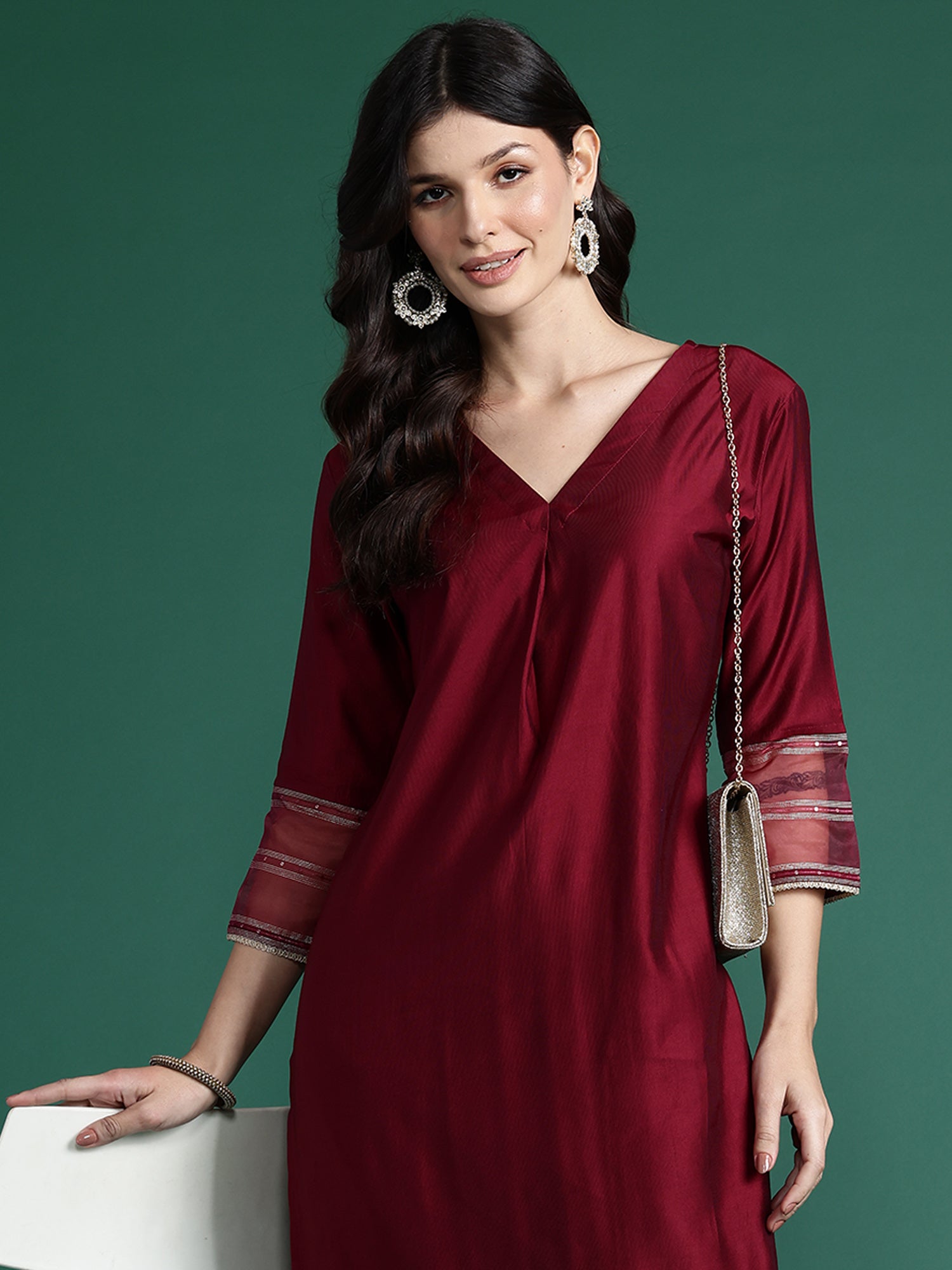 Burgundy Self Design Straight Kurta Trousers  Set