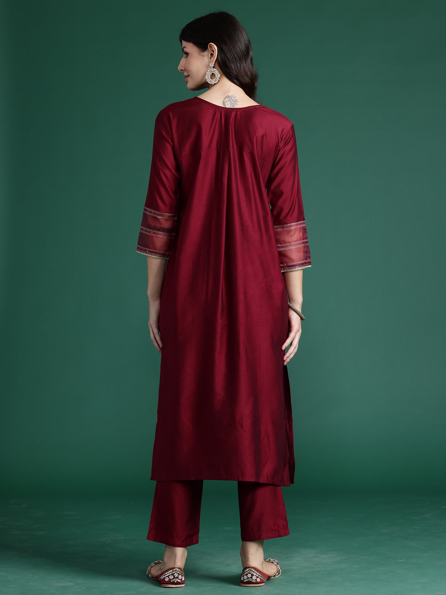 Burgundy Self Design Straight Kurta Trousers  Set