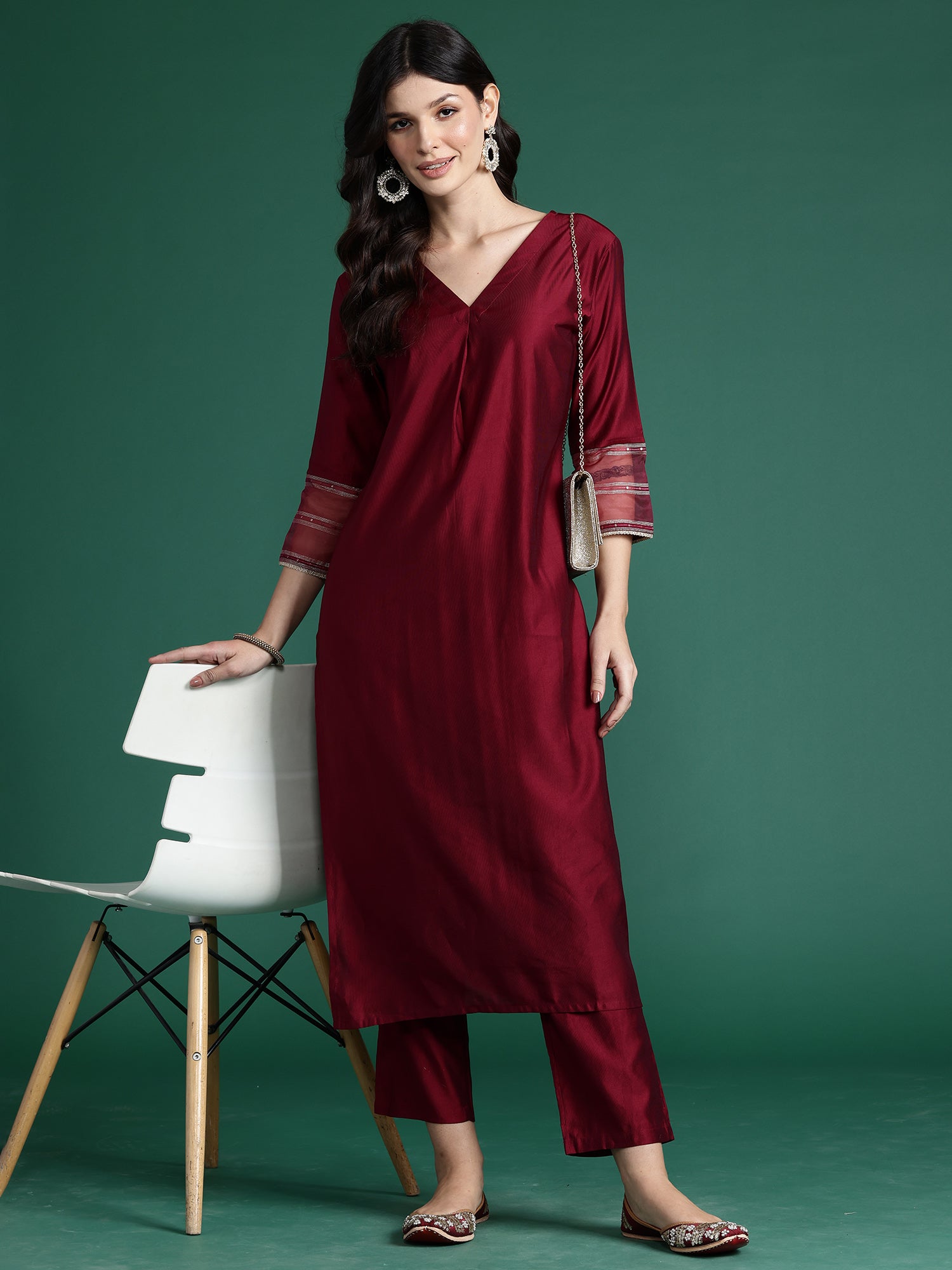 Burgundy Self Design Straight Kurta Trousers  Set