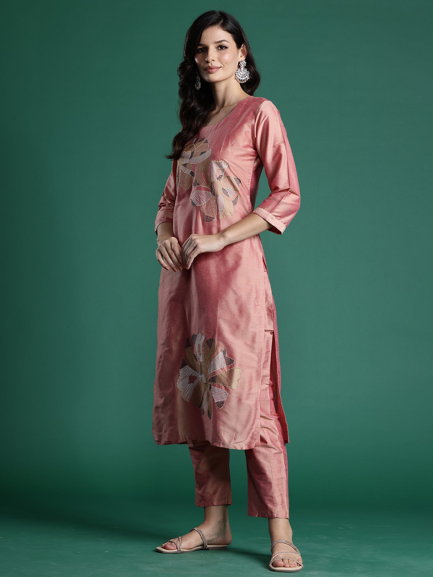 Peach Embroidered Straight Kurta Trousers set