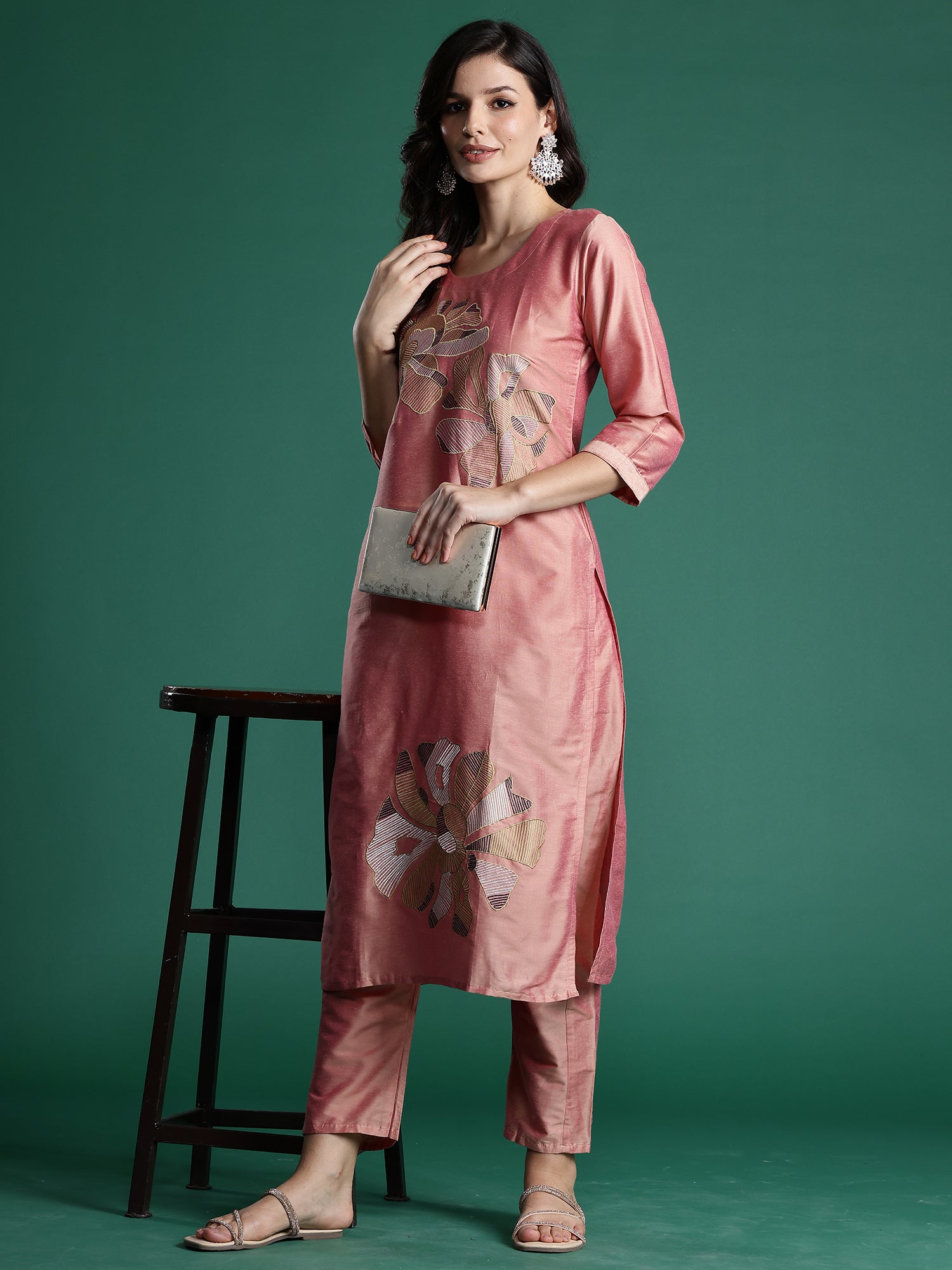 Peach Embroidered Straight Kurta Trousers set