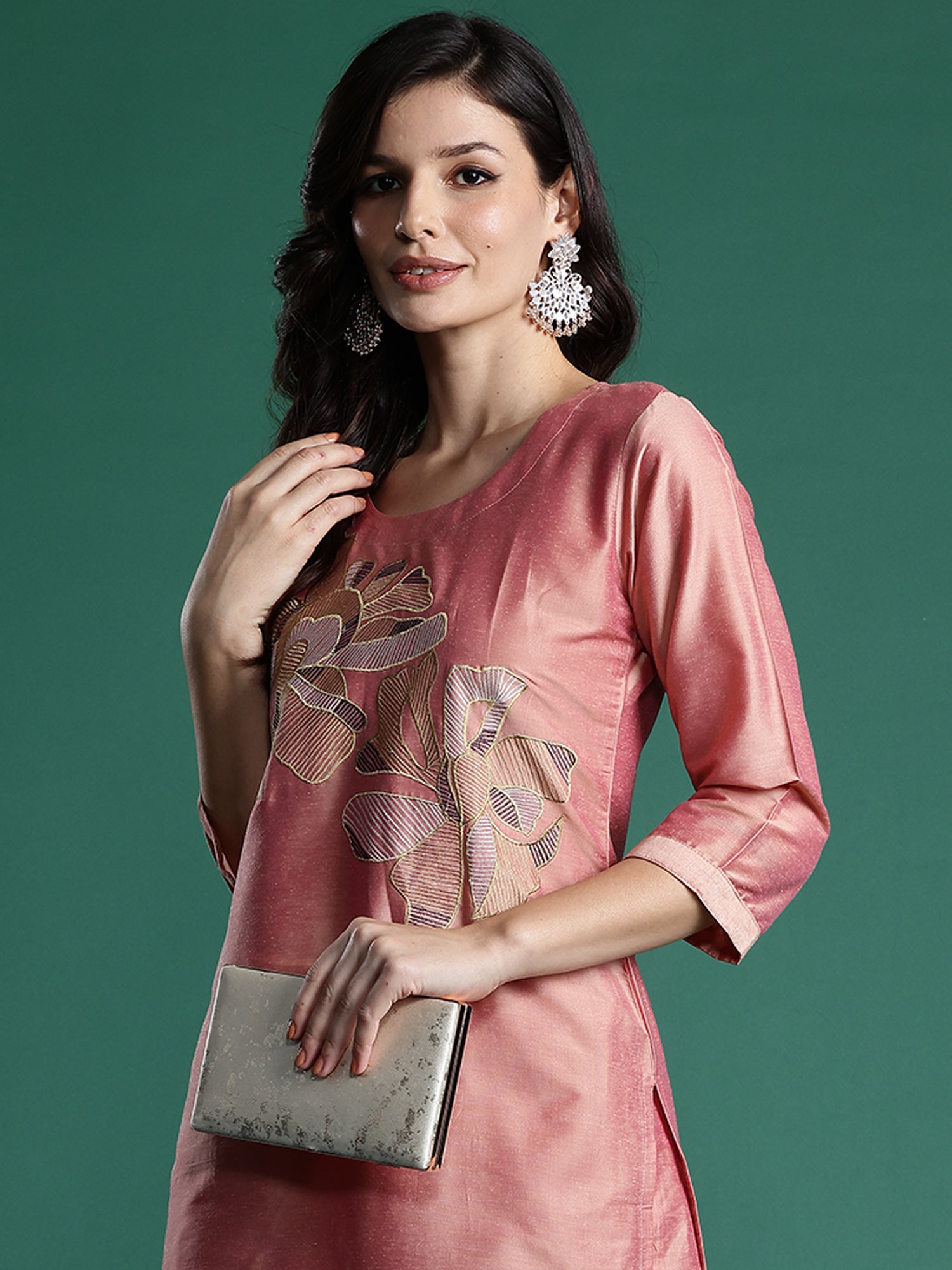 Peach Embroidered Straight Kurta Trousers set