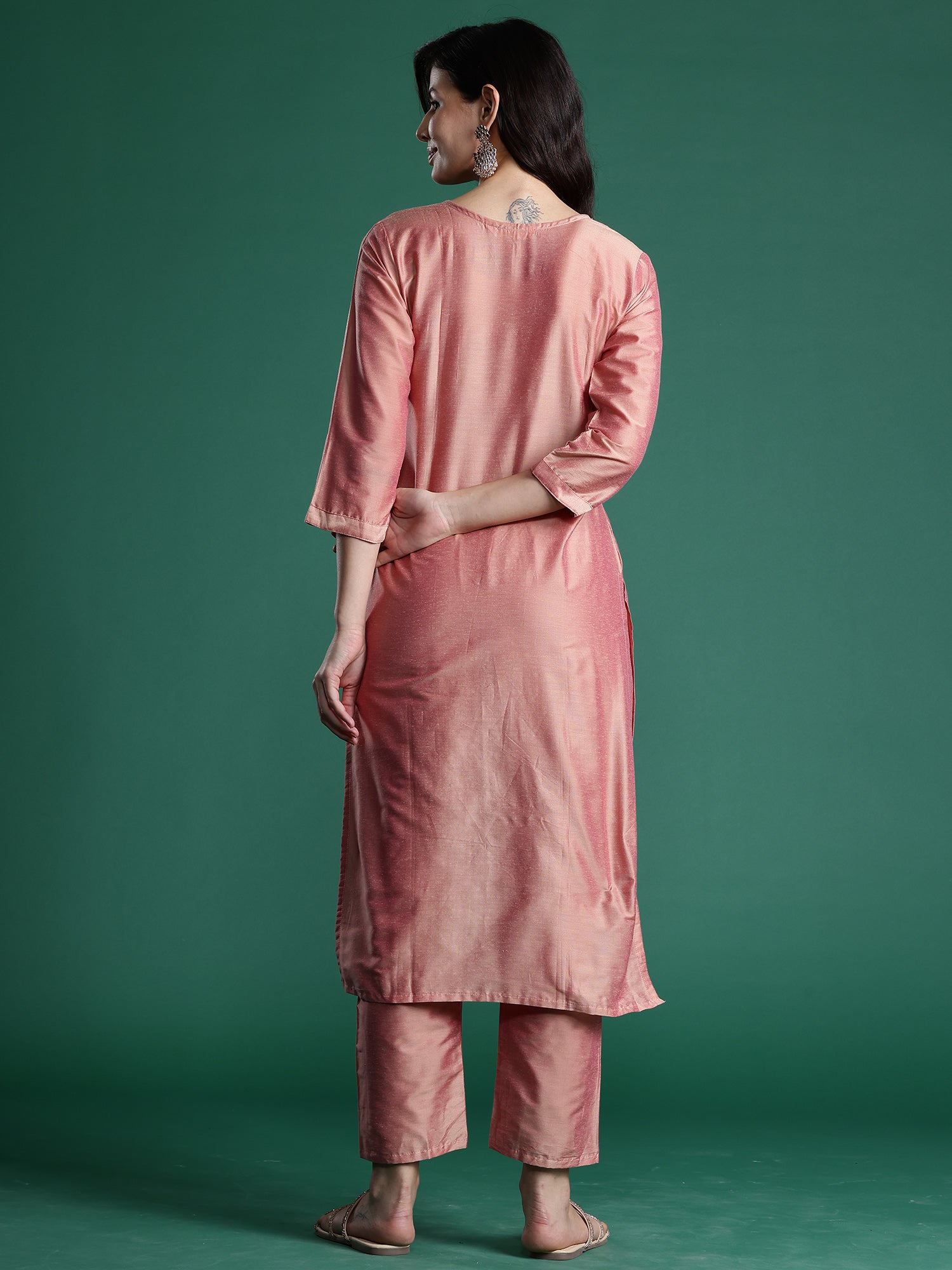 Peach Embroidered Straight Kurta Trousers set