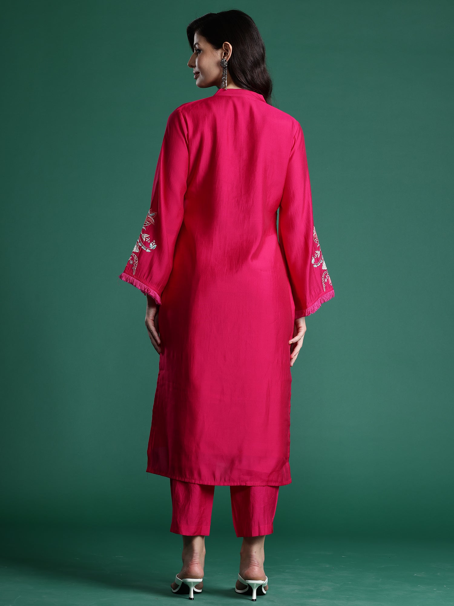 Pink Self Design Straight Kurta Trousers  set