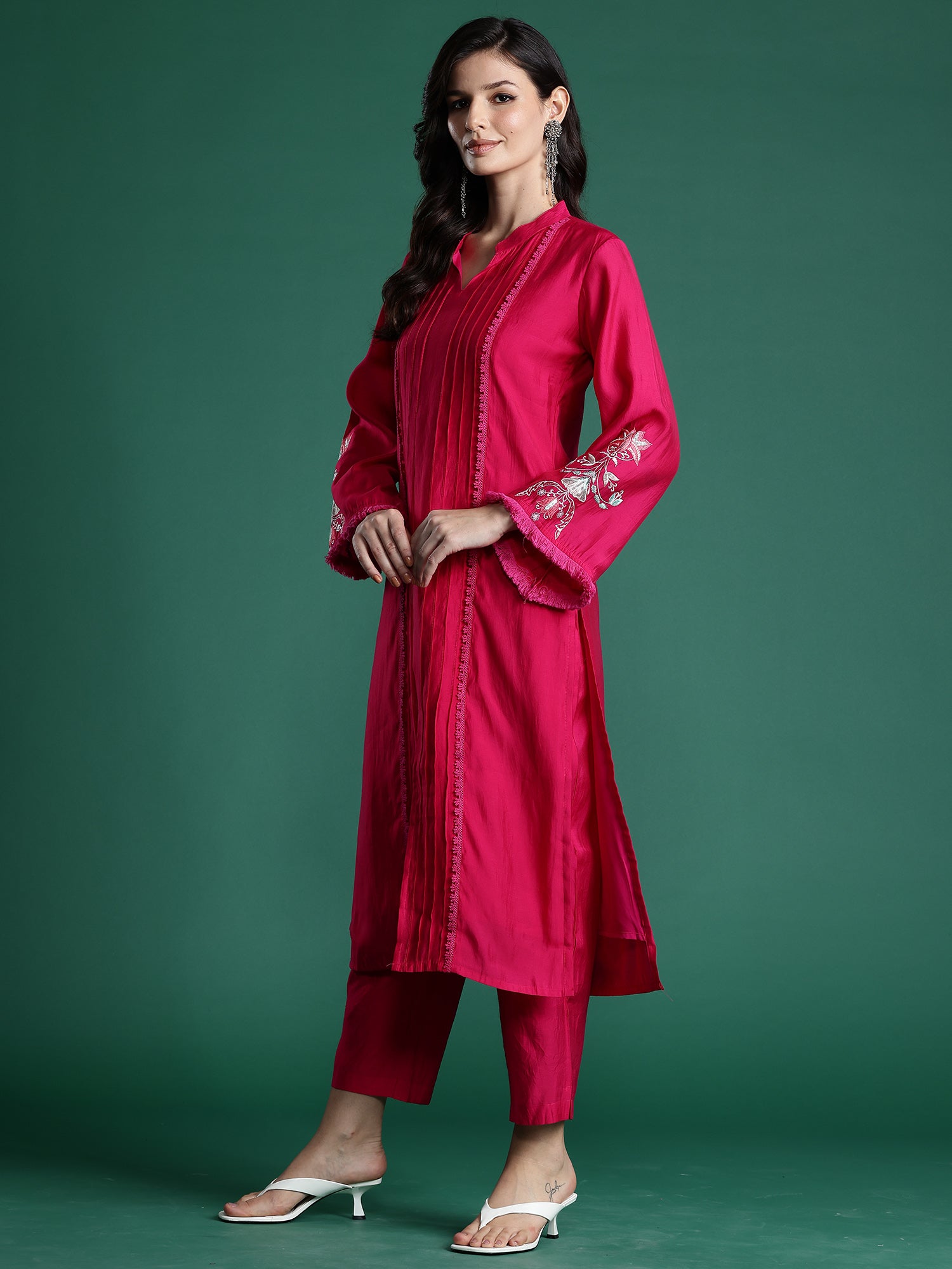 Pink Self Design Straight Kurta Trousers  set