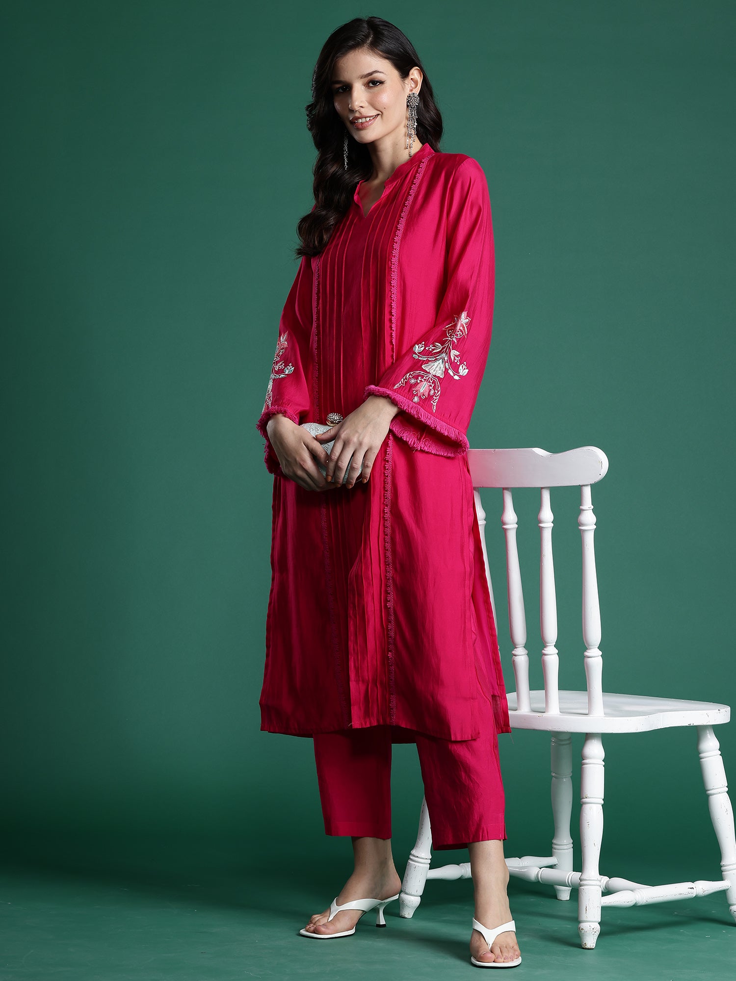 Pink Self Design Straight Kurta Trousers  set