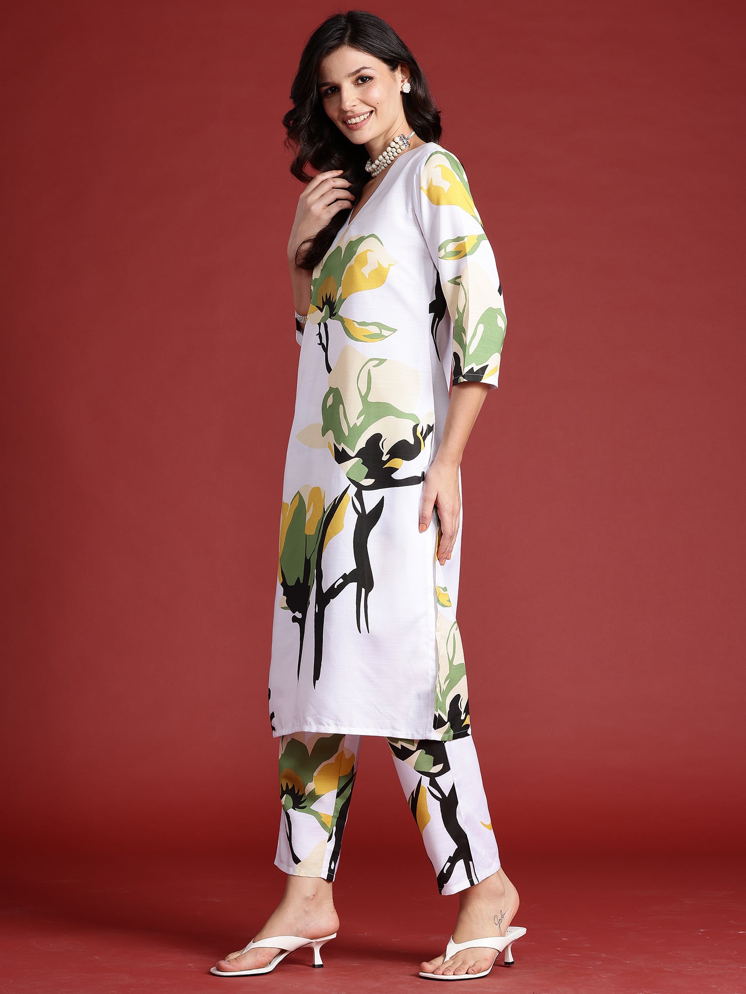 White Printed Straight Kurta Trousers  set