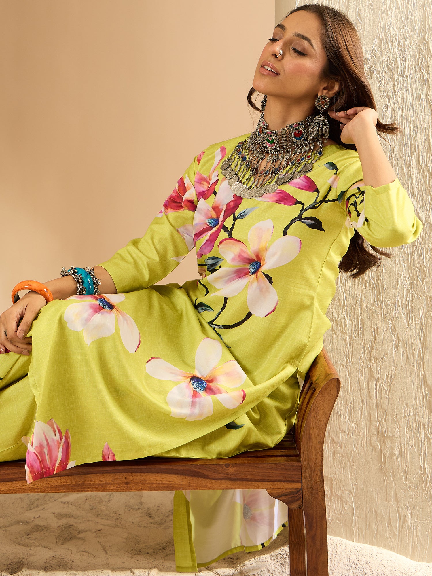 Olive Printed Straight Kurta Trousers  Set