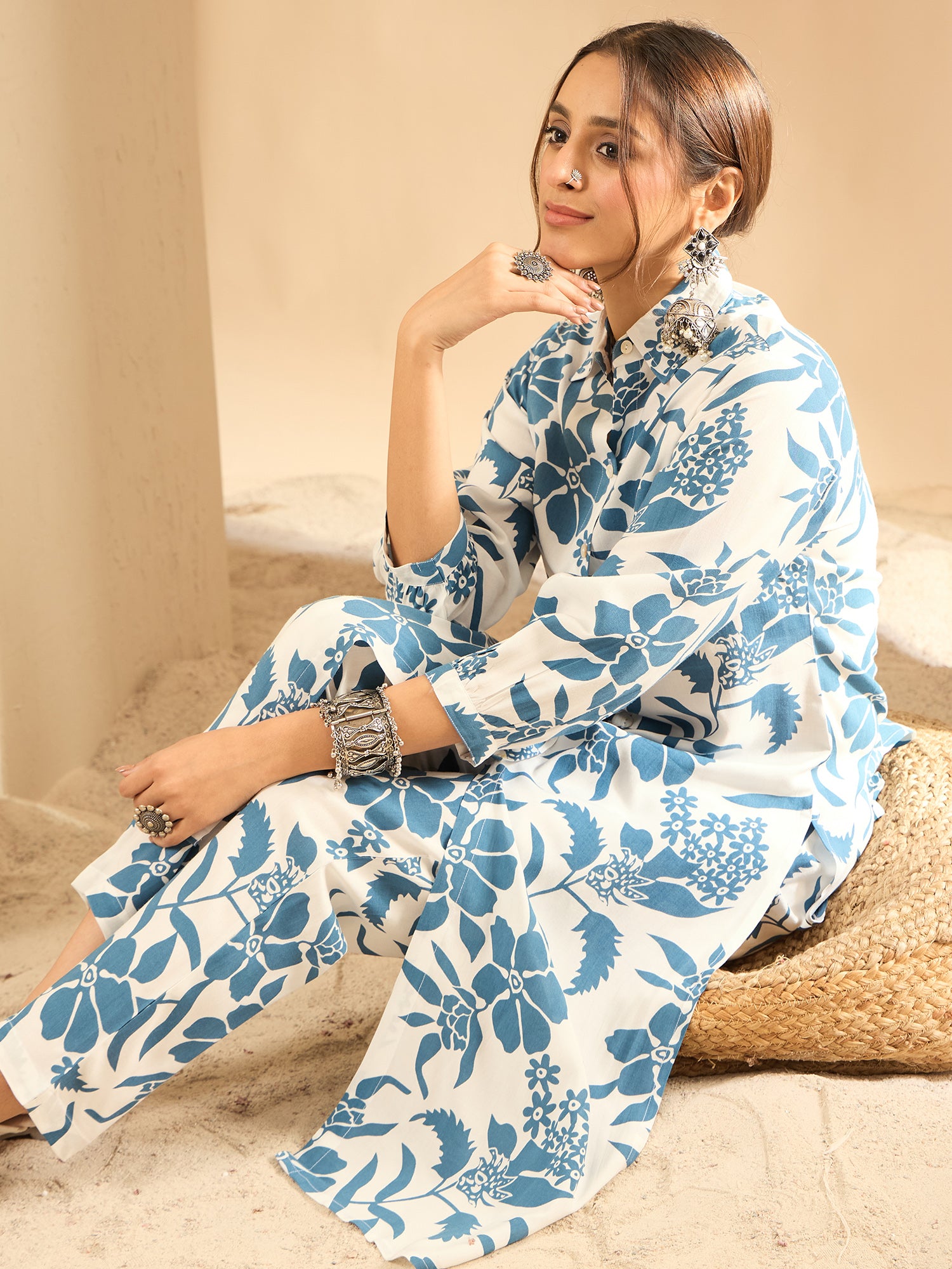 White Printed Straight Kurta Trousers  set