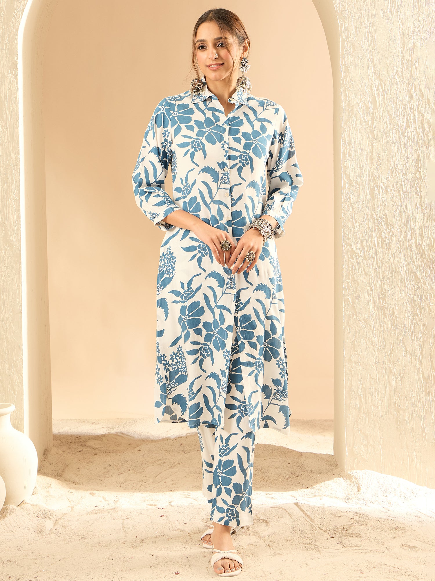 White Printed Straight Kurta Trousers  set