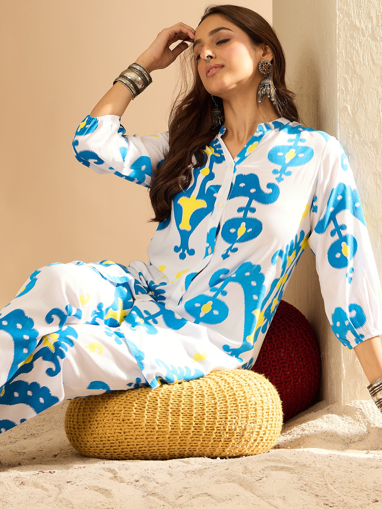 White Printed Straight Kurta Trousers  set