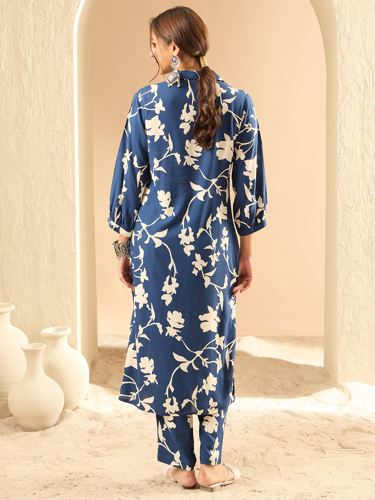 Blue Printed Straight Kurta Trousers  set