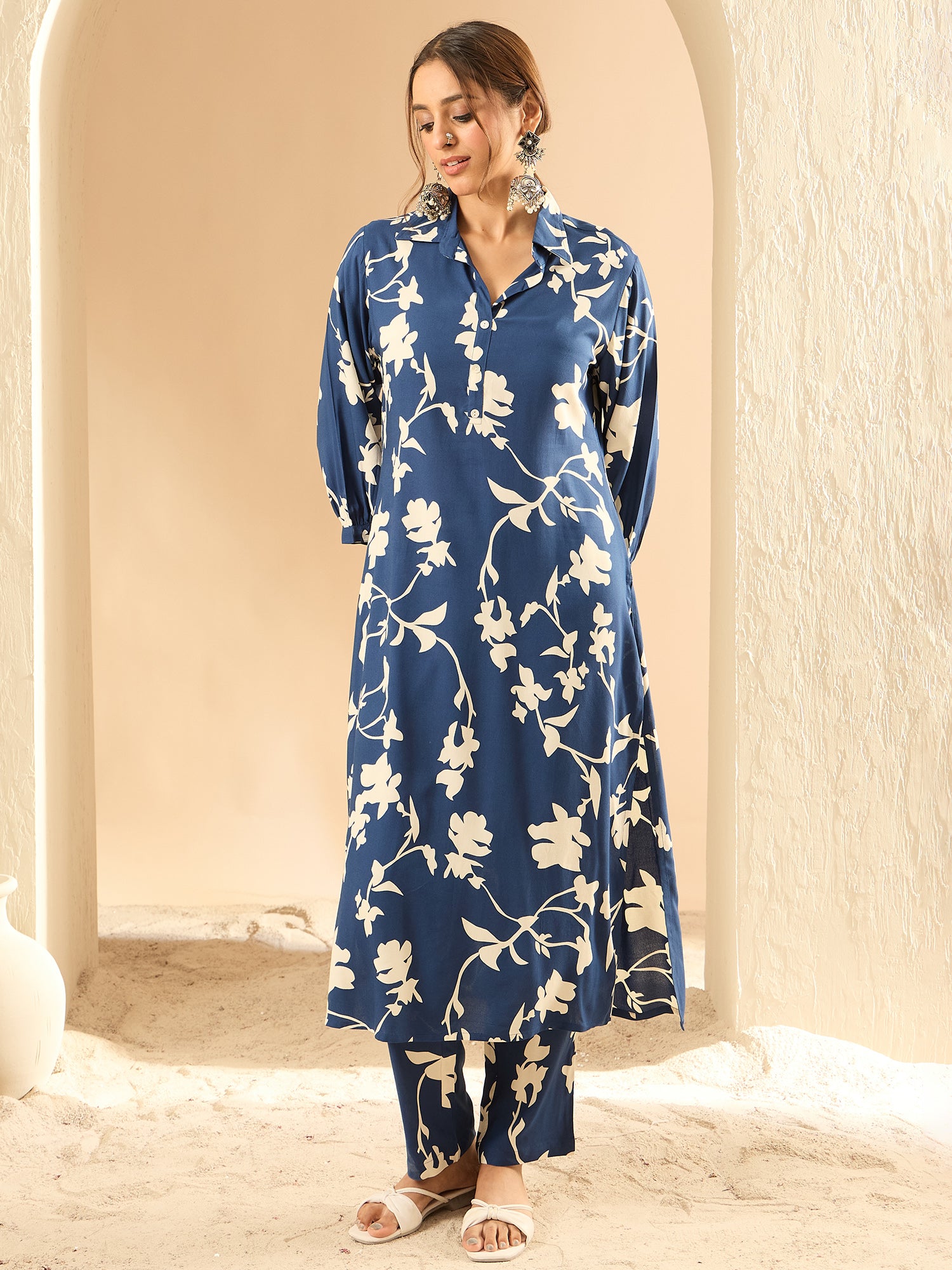 Blue Printed Straight Kurta Trousers  set