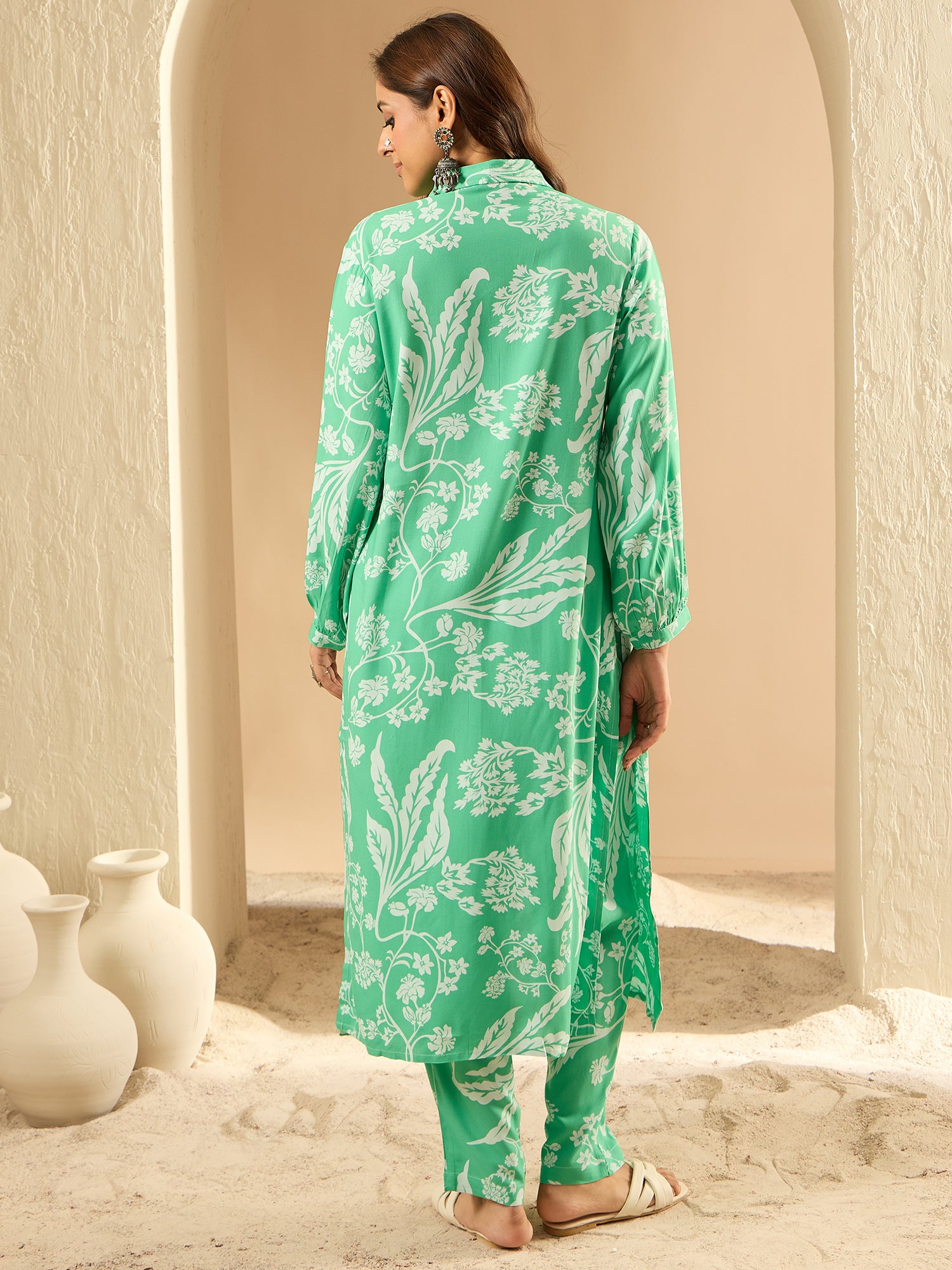 Green Printed Straight Kurta Trousers  Set