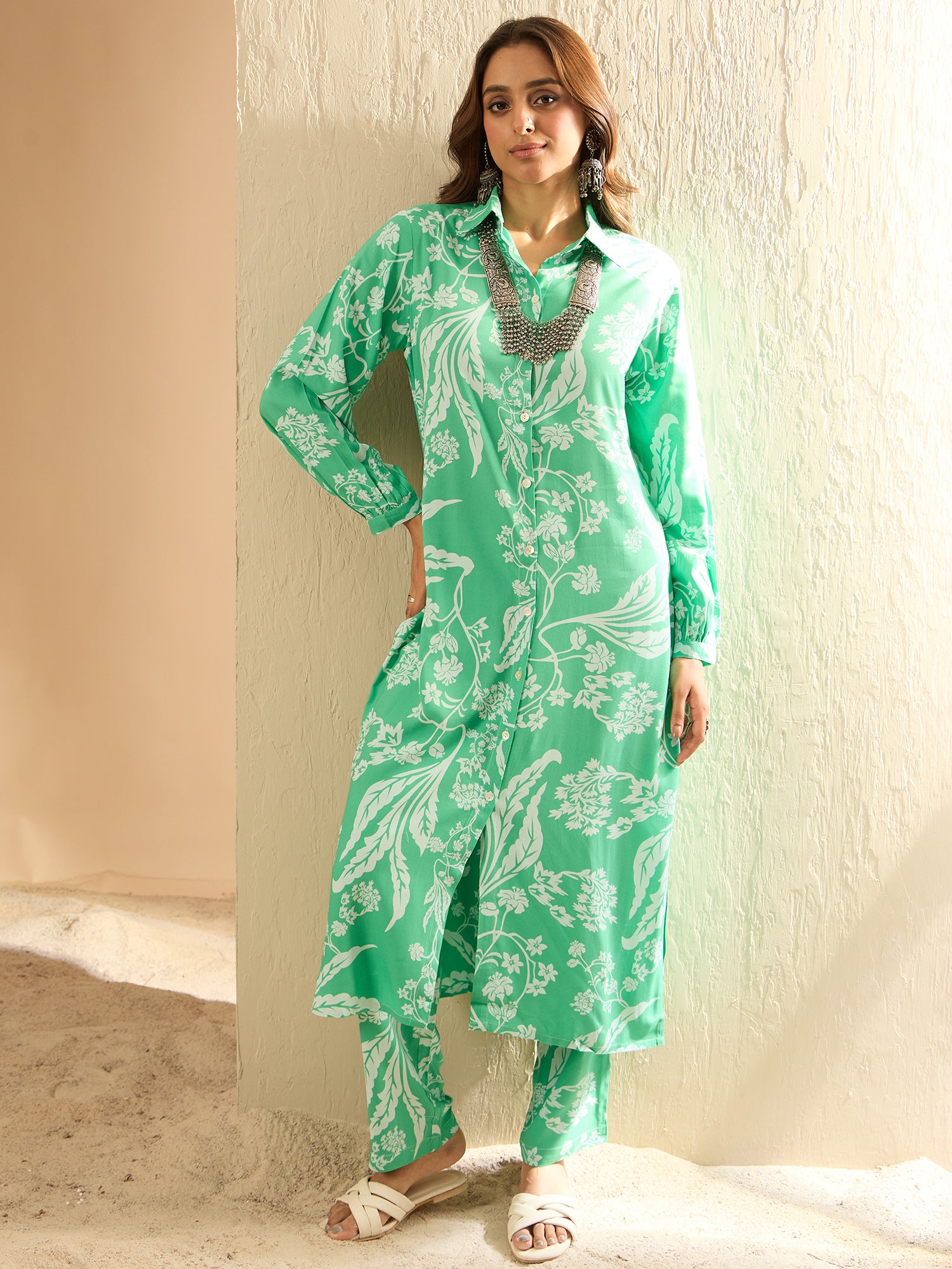 Green Printed Straight Kurta Trousers  Set