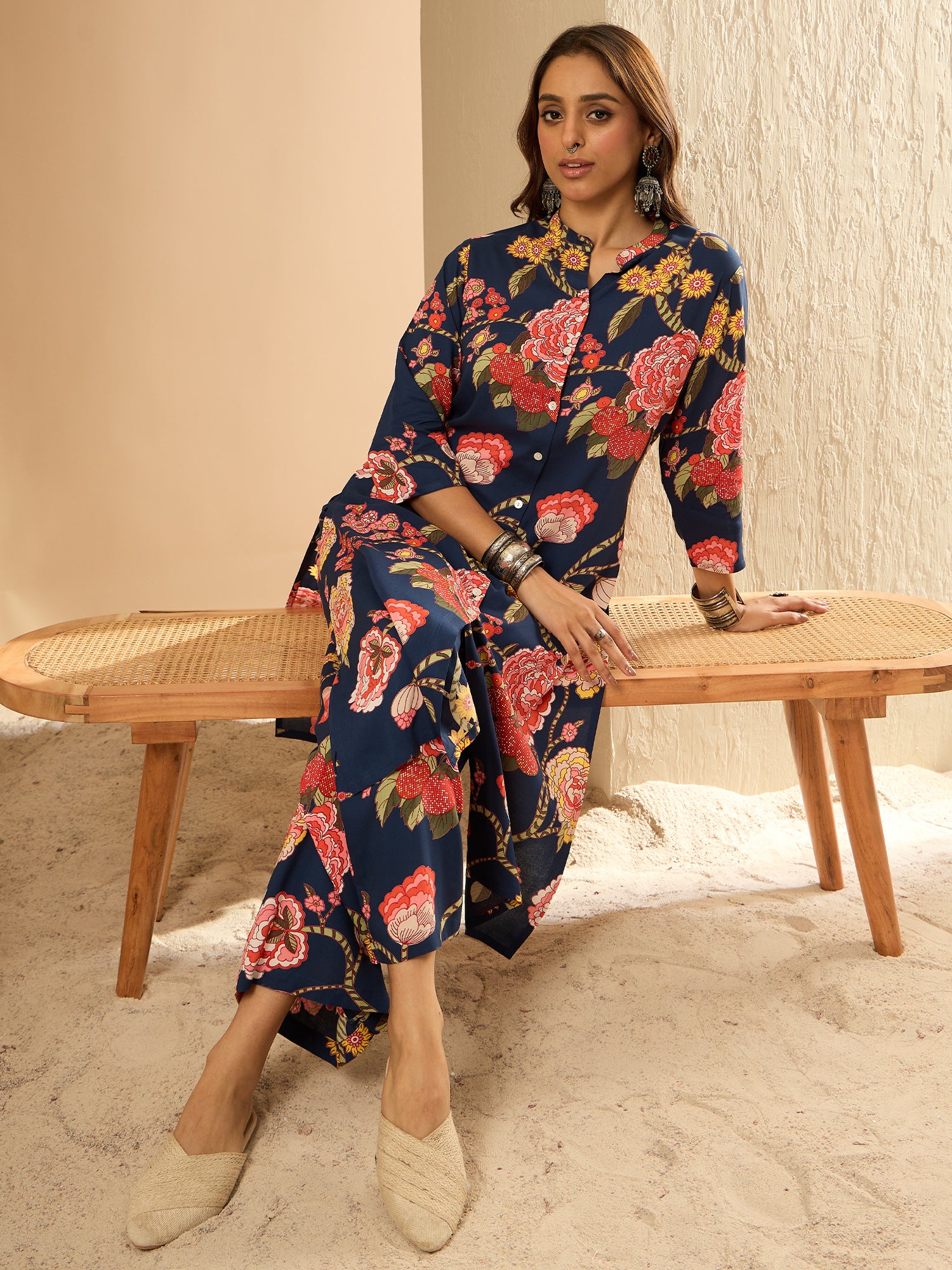 Blue Printed Straight Kurta Palazzos Set