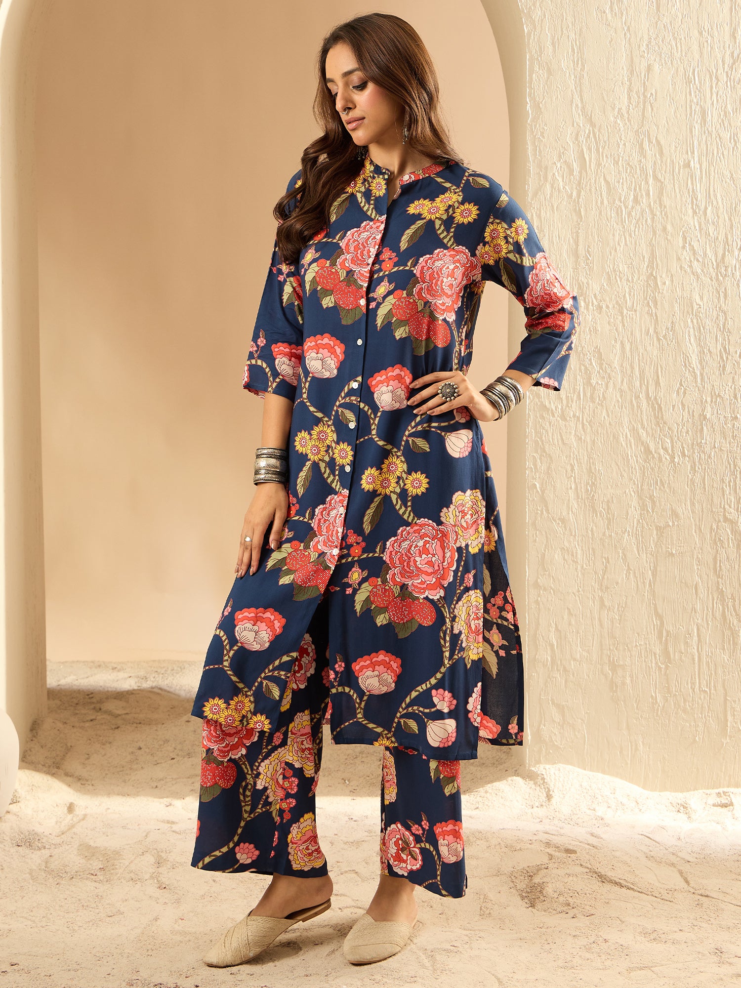 Blue Printed Straight Kurta Palazzos Set