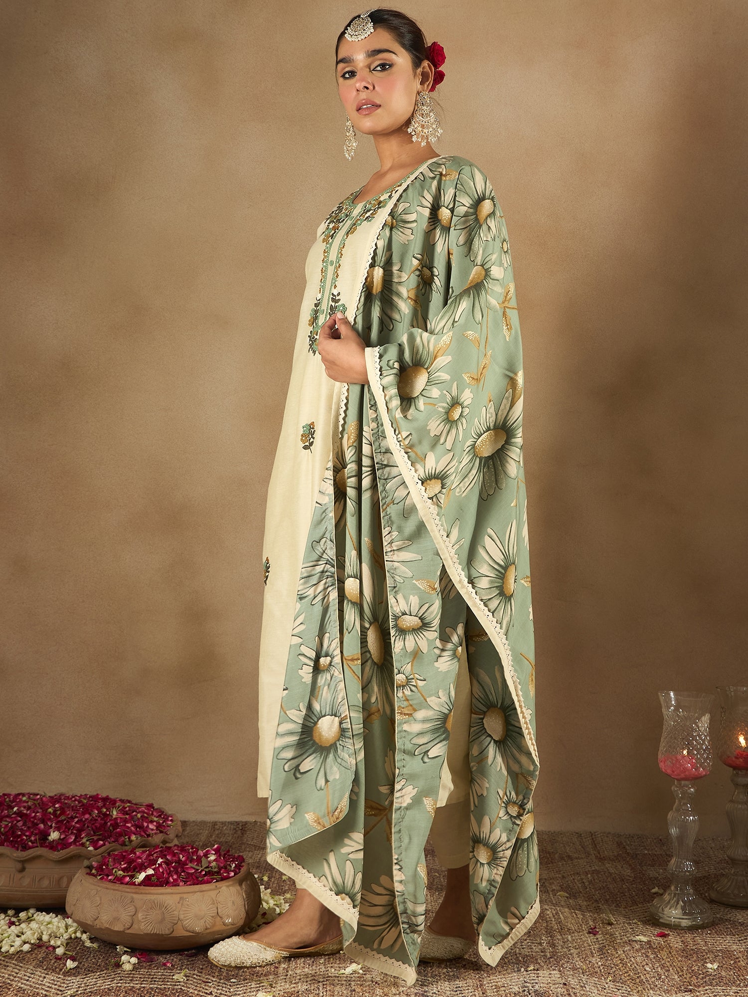 Cream Embroidered Straight Kurta Trousers With Dupatta Set