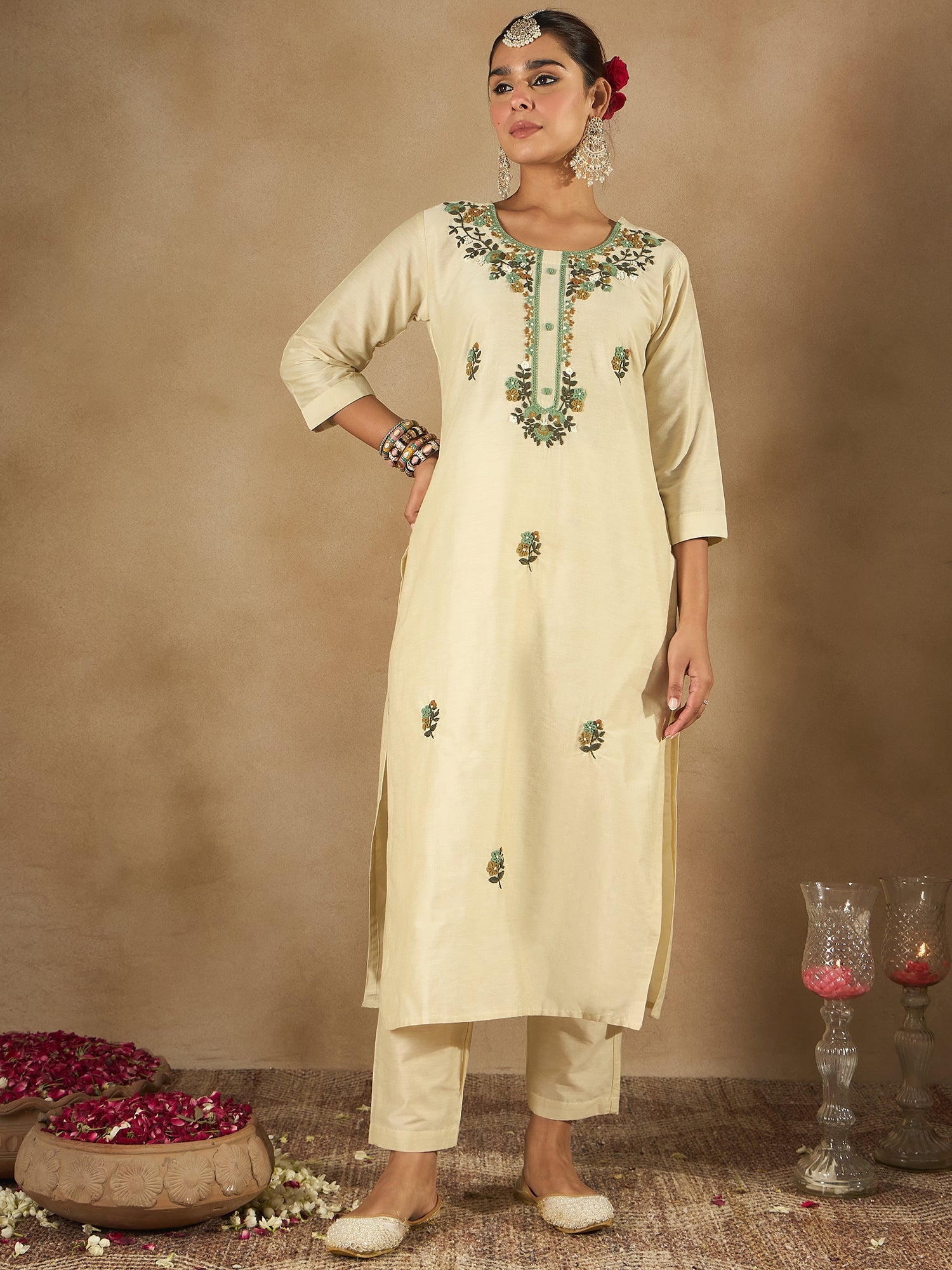 Cream Embroidered Straight Kurta Trousers With Dupatta Set