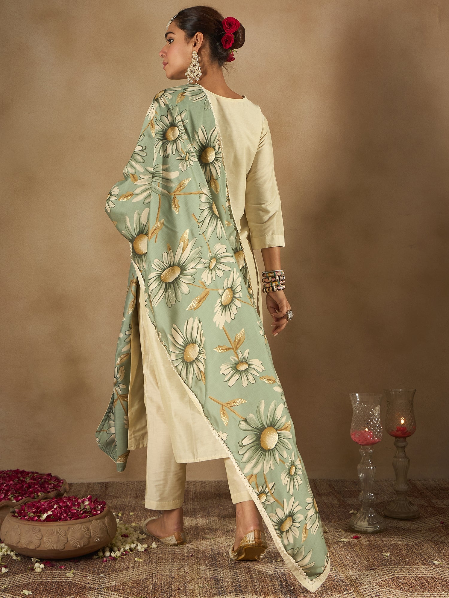 Cream Embroidered Straight Kurta Trousers With Dupatta Set