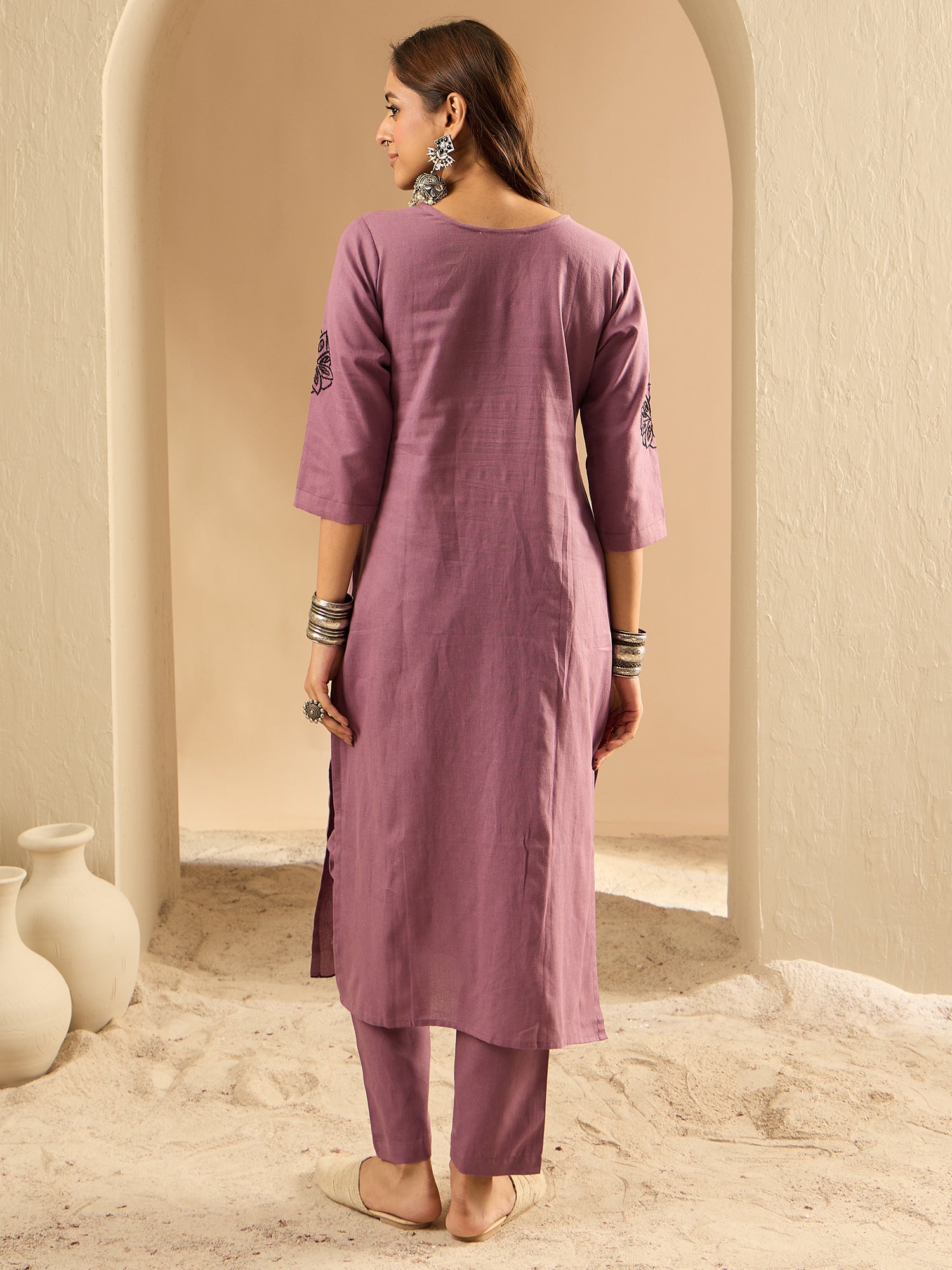 Burgundy Embroidered Straight Kurta Trousers Set