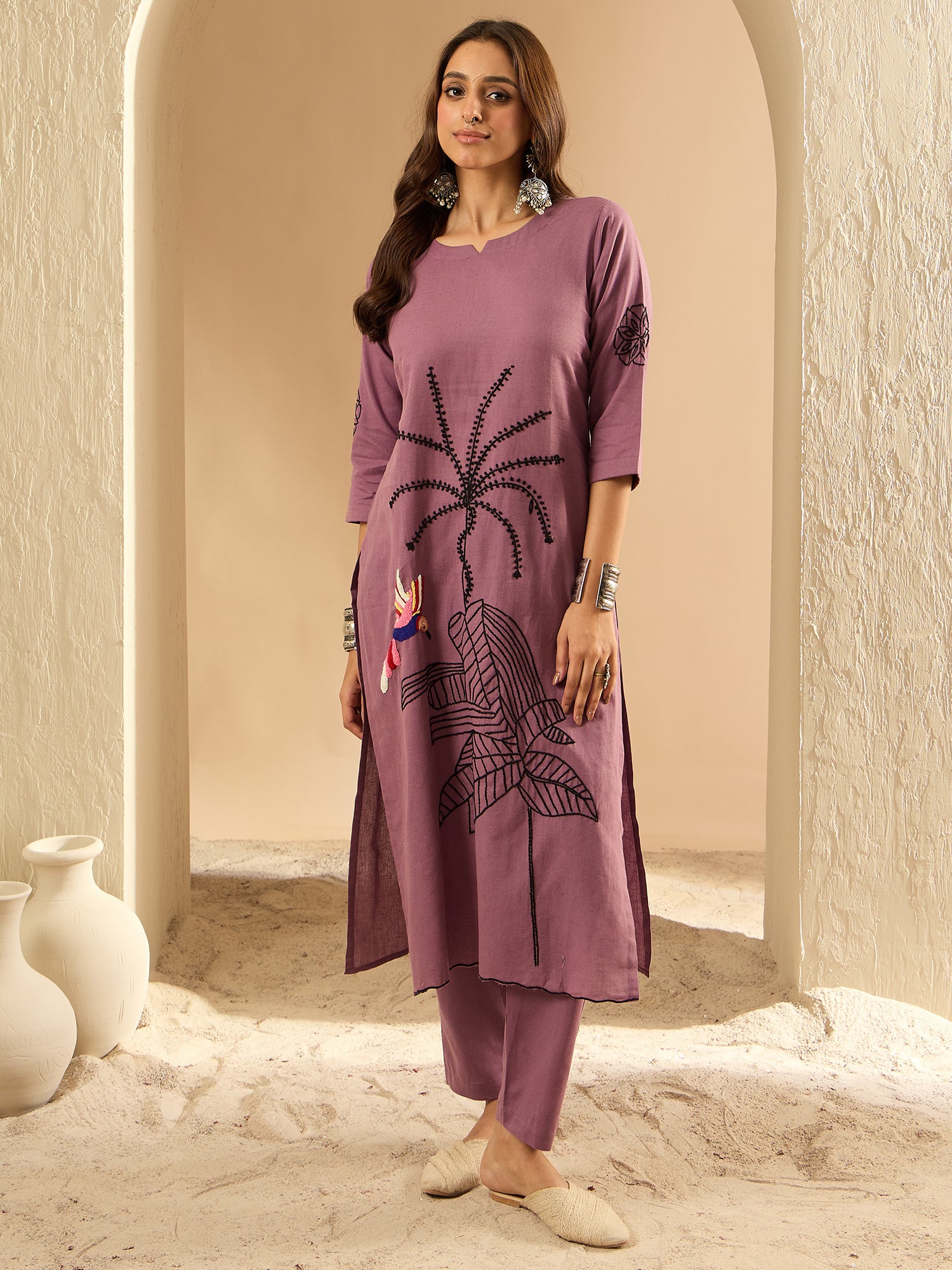 Burgundy Embroidered Straight Kurta Trousers Set