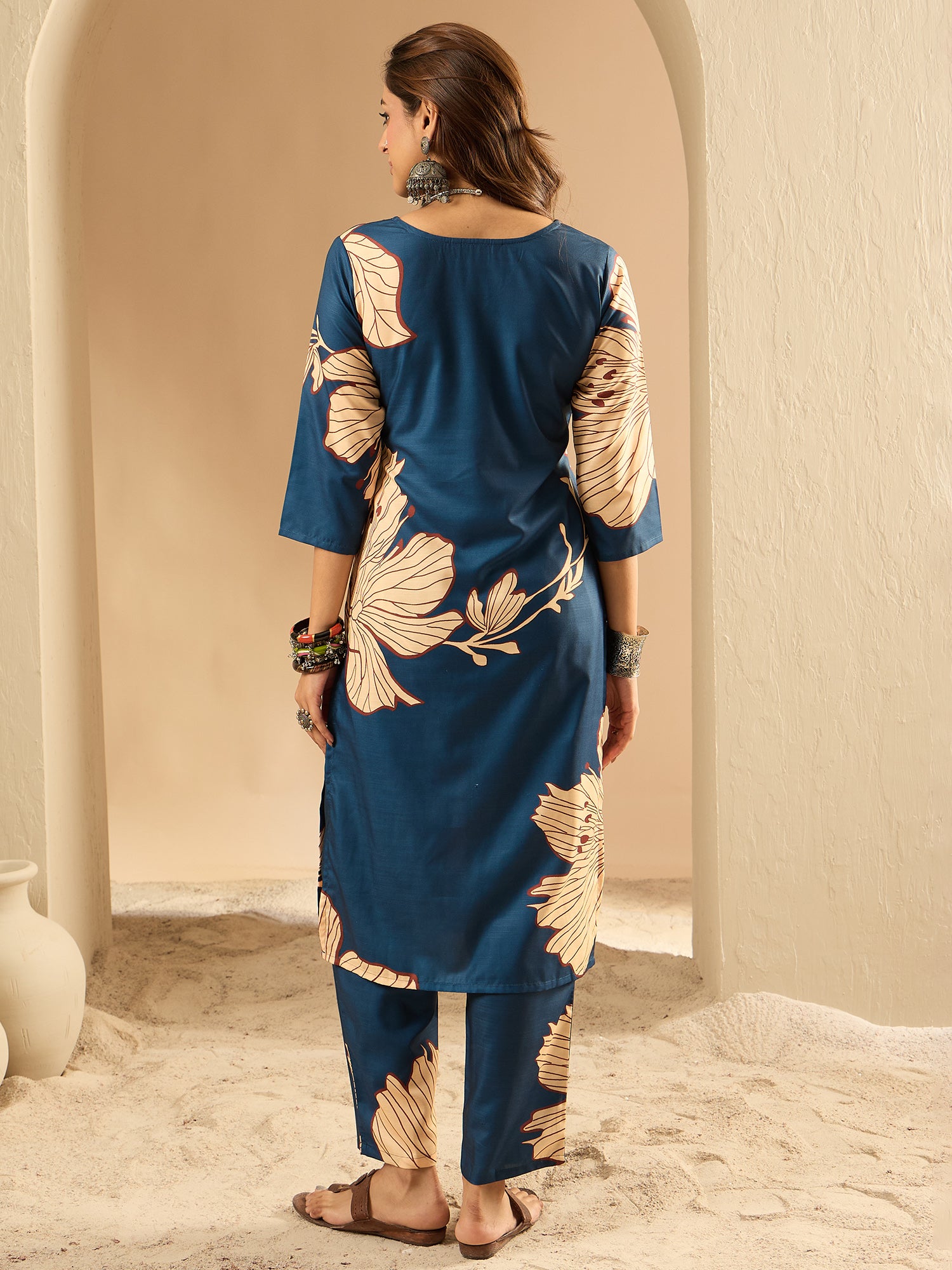 Teal Printed Straight Kurta Trousers  Set