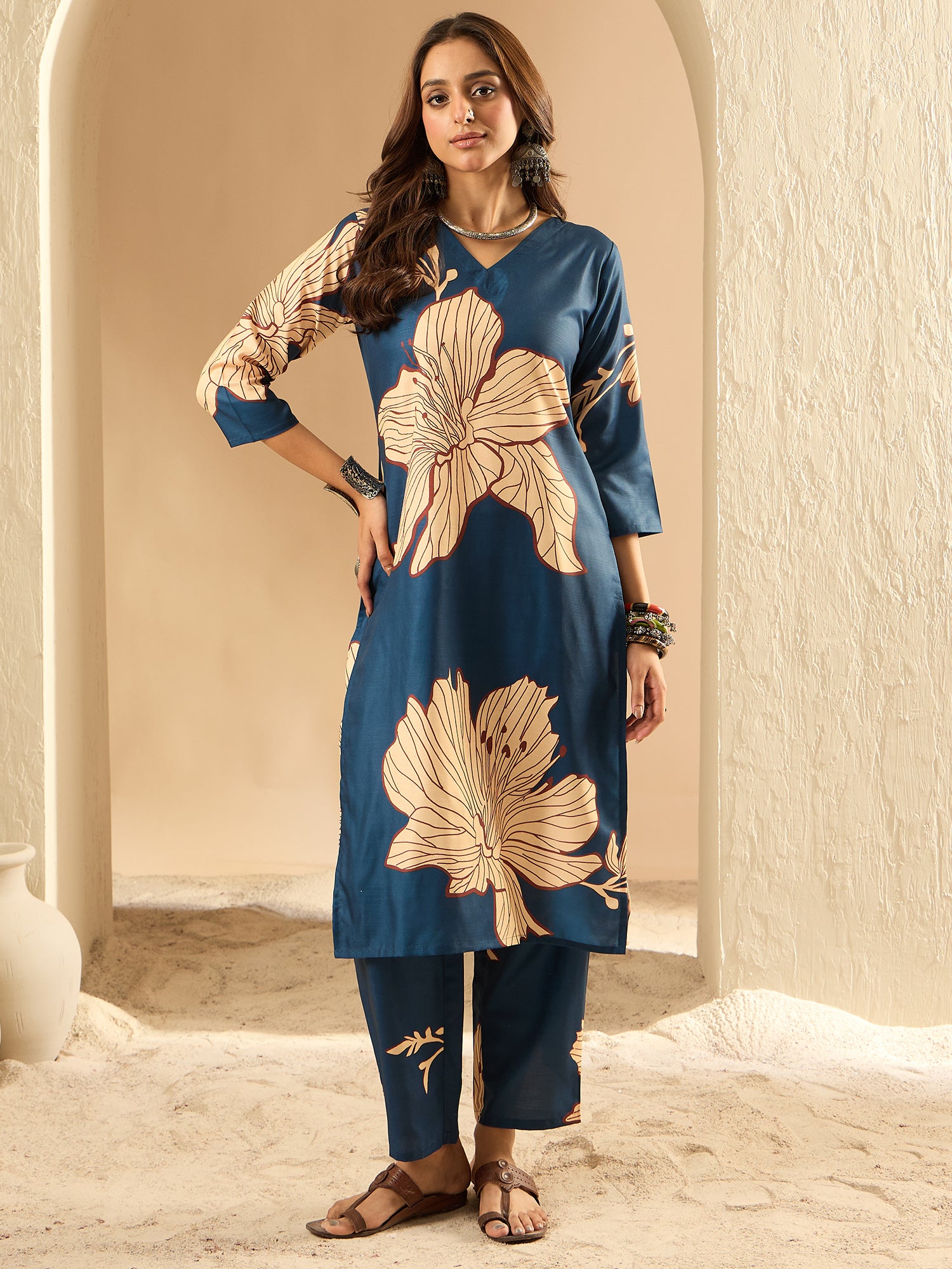 Teal Printed Straight Kurta Trousers  Set