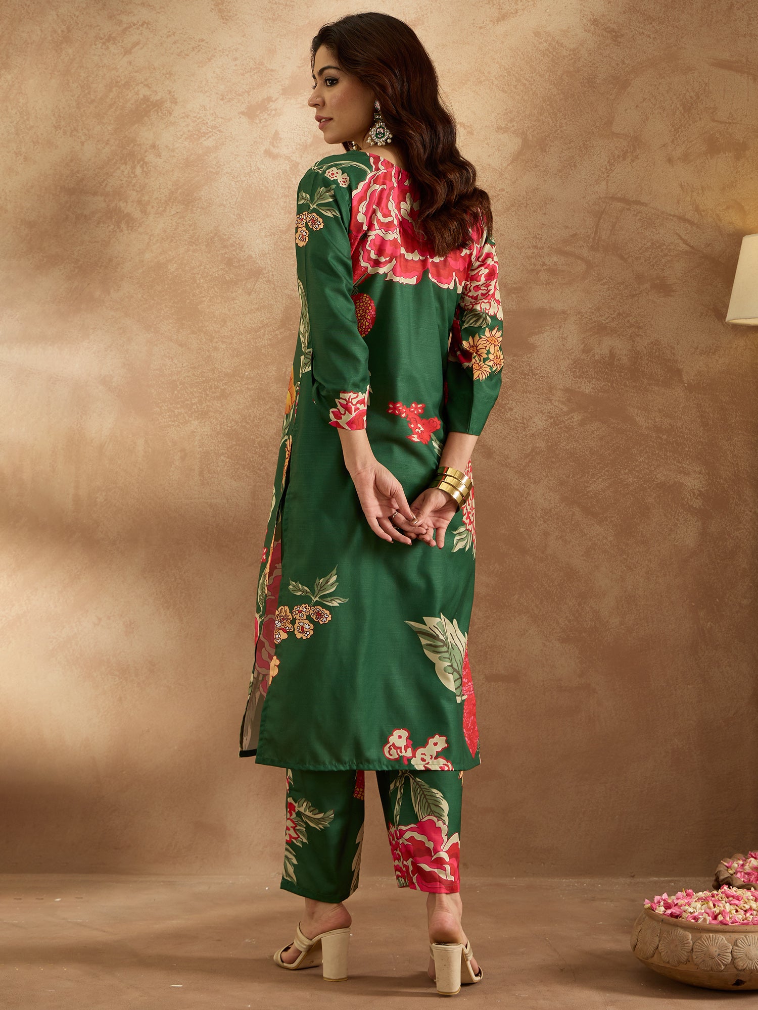 Green Printed Straight Kurta Trousers  Set