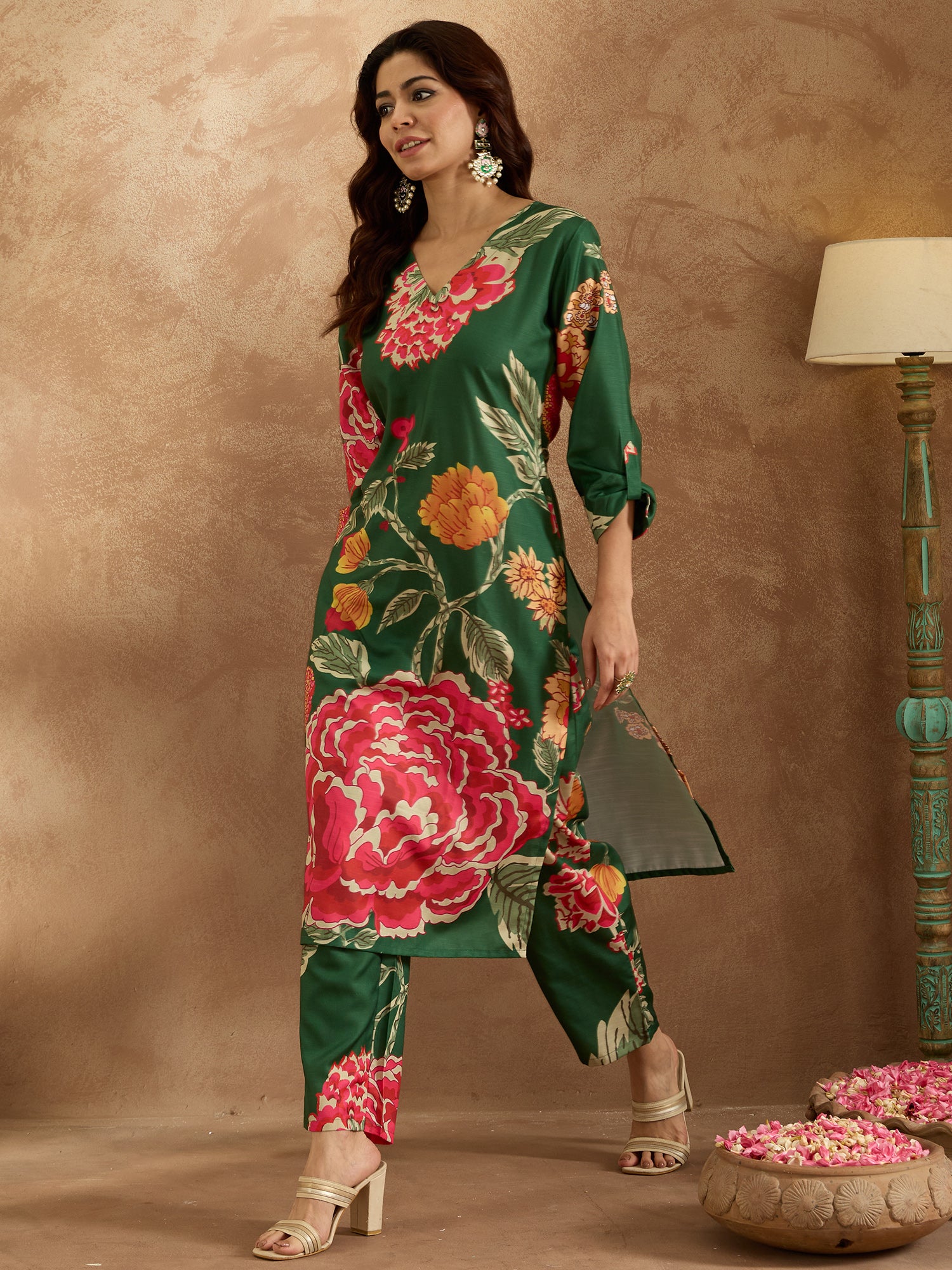 Green Printed Straight Kurta Trousers  Set