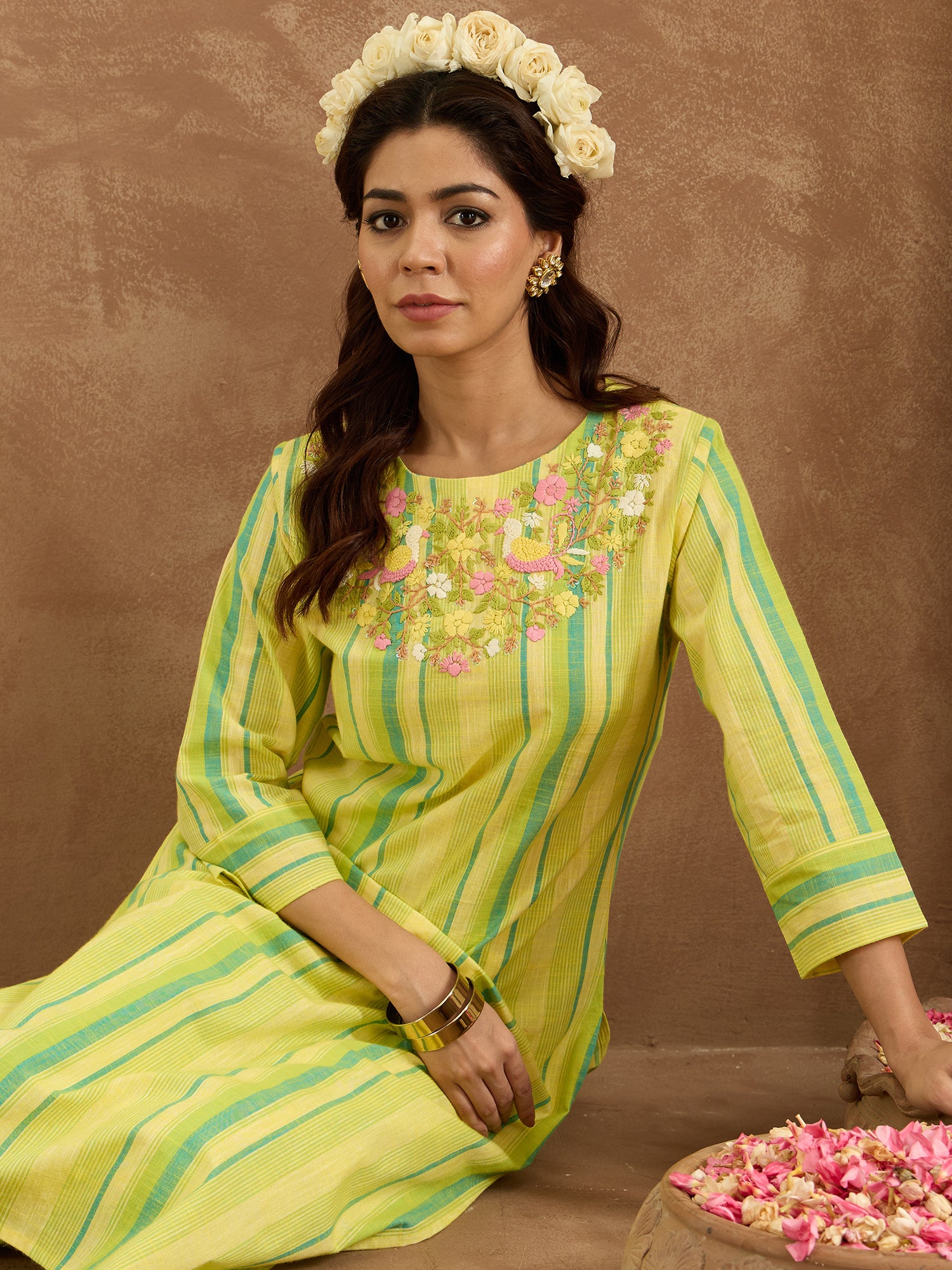 Yellow Embroidered Straight Kurta Trousers  Set