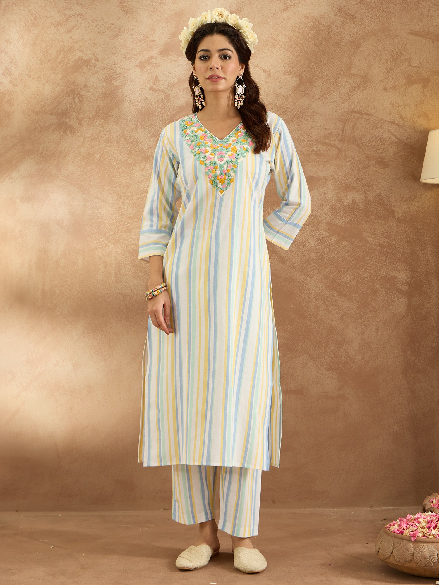 Multi Embroidered Straight Kurta Trousers  Set