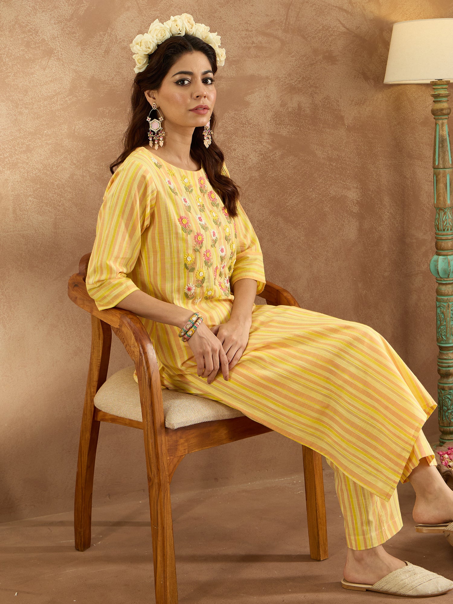 Mustard Embroidered Straight Kurta Trousers  Set