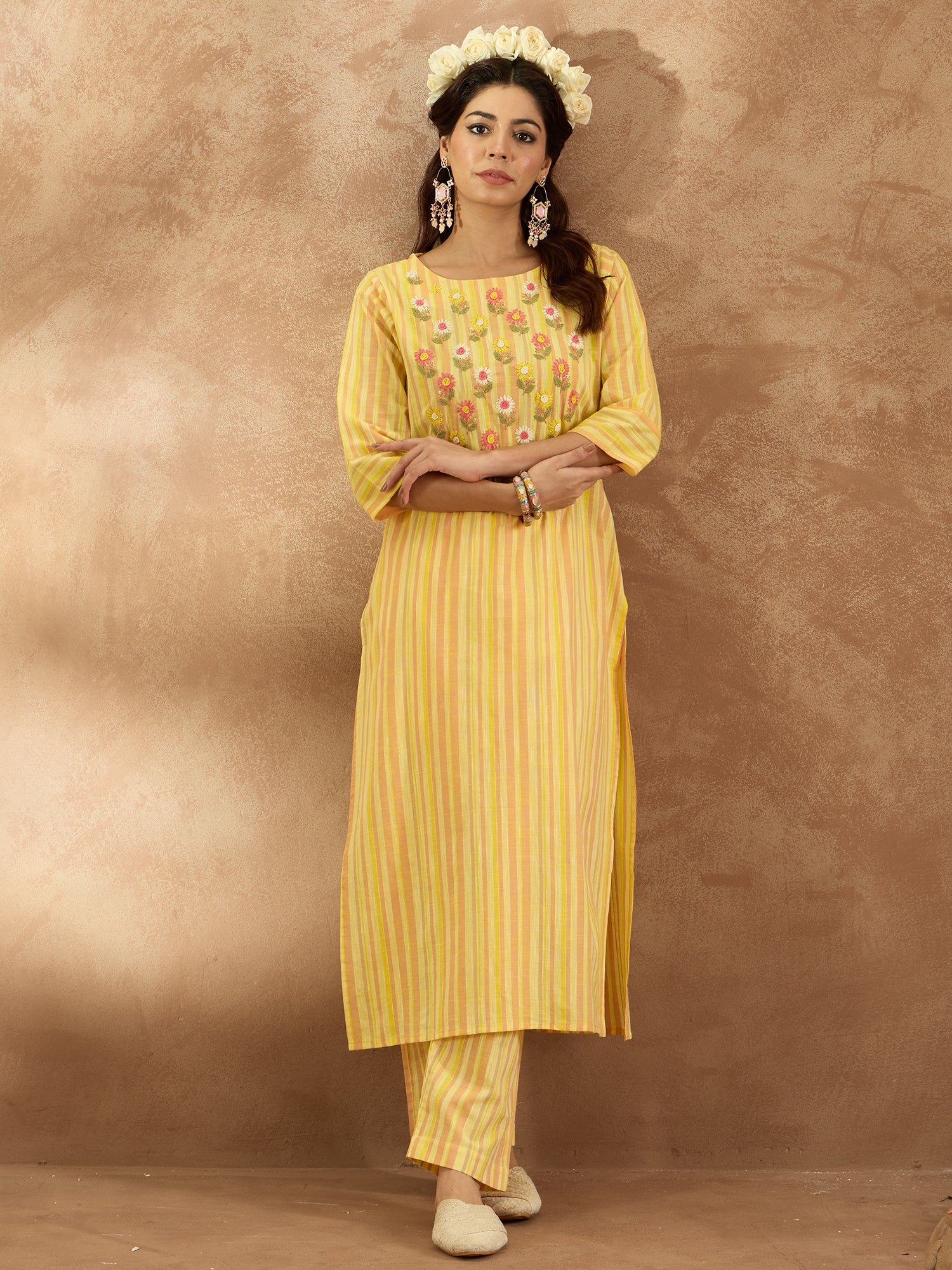 Mustard Embroidered Straight Kurta Trousers  Set