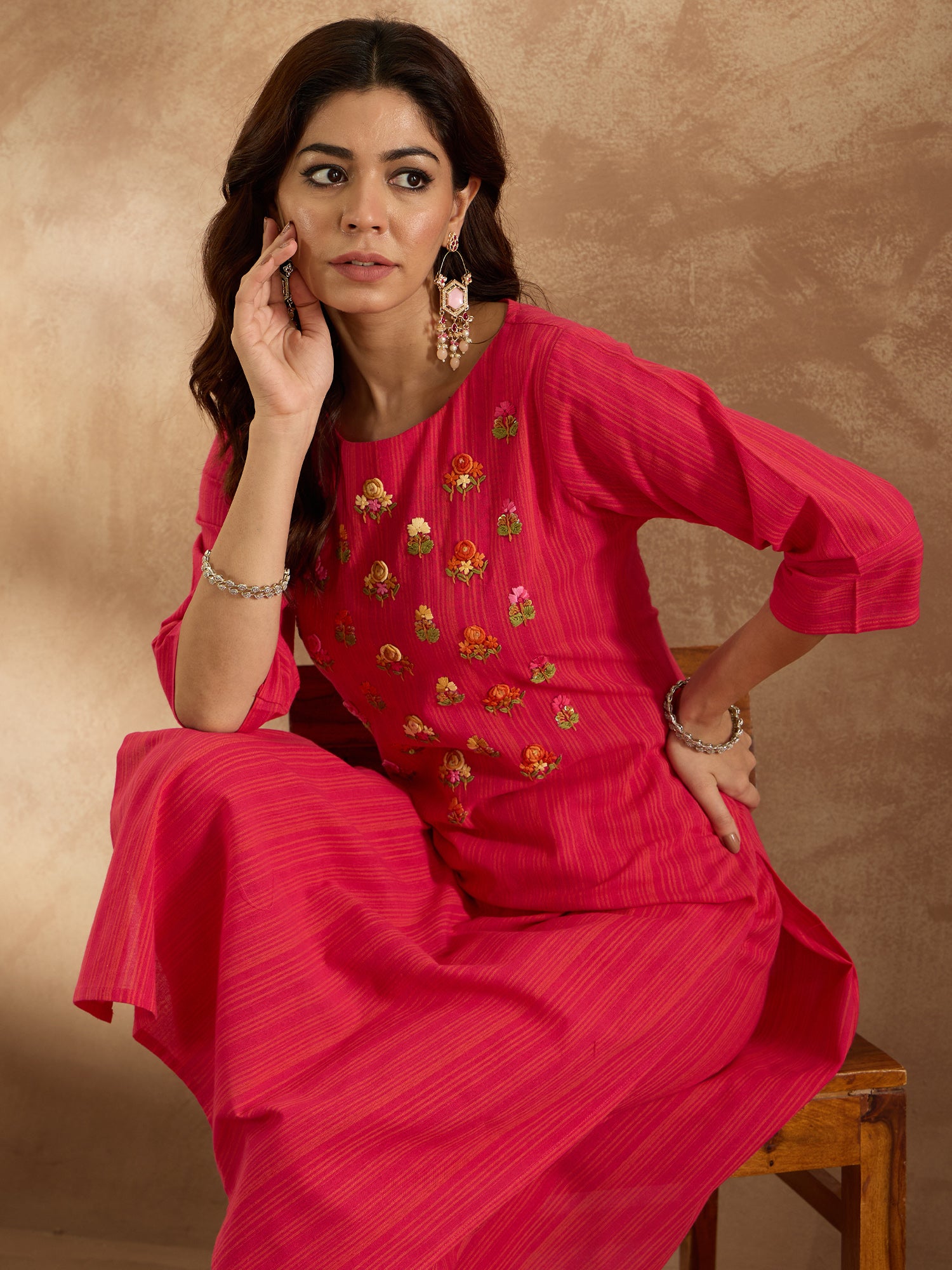 Pink Embroidered Straight Kurta Trousers  Set