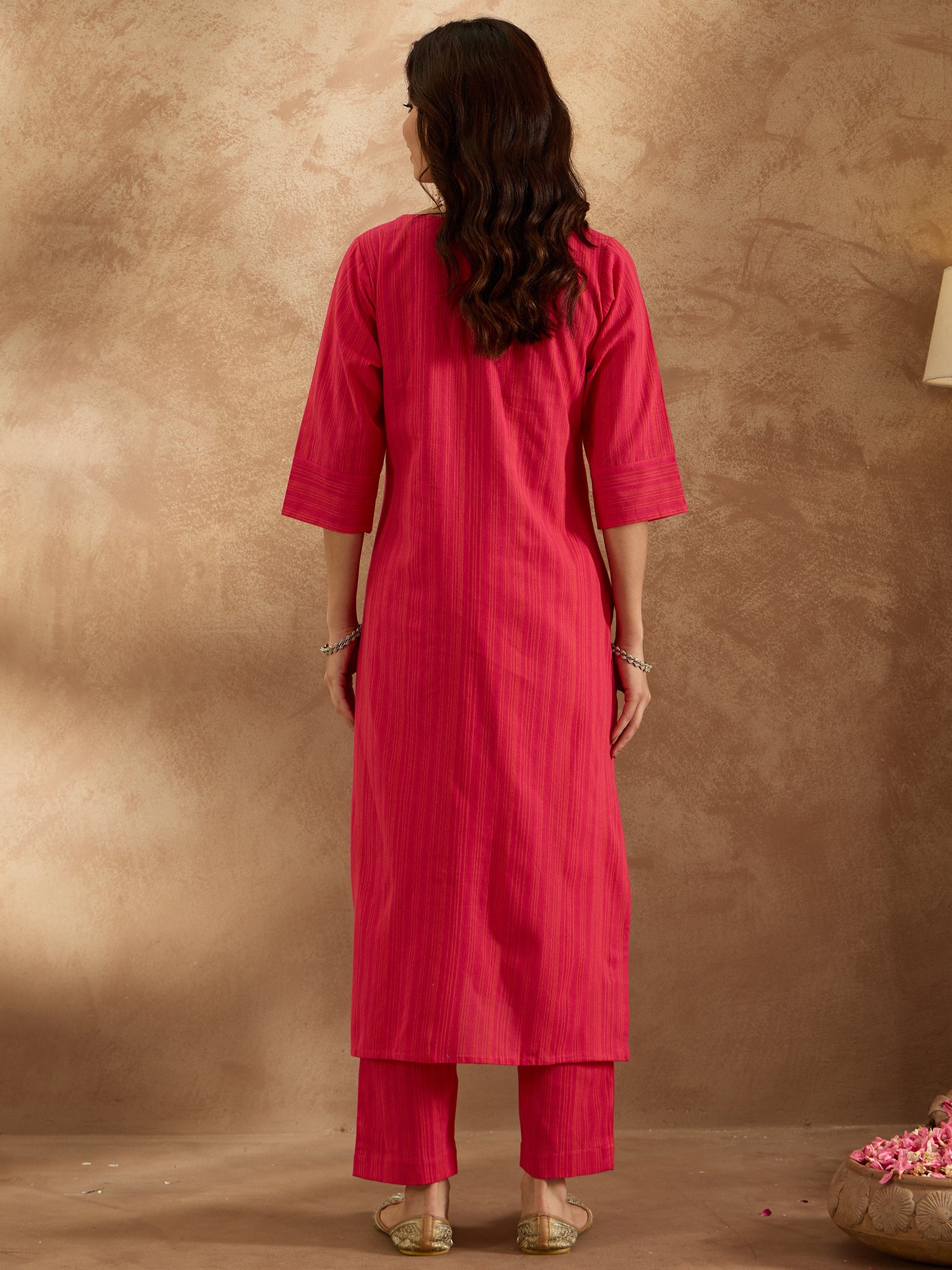 Pink Embroidered Straight Kurta Trousers  Set